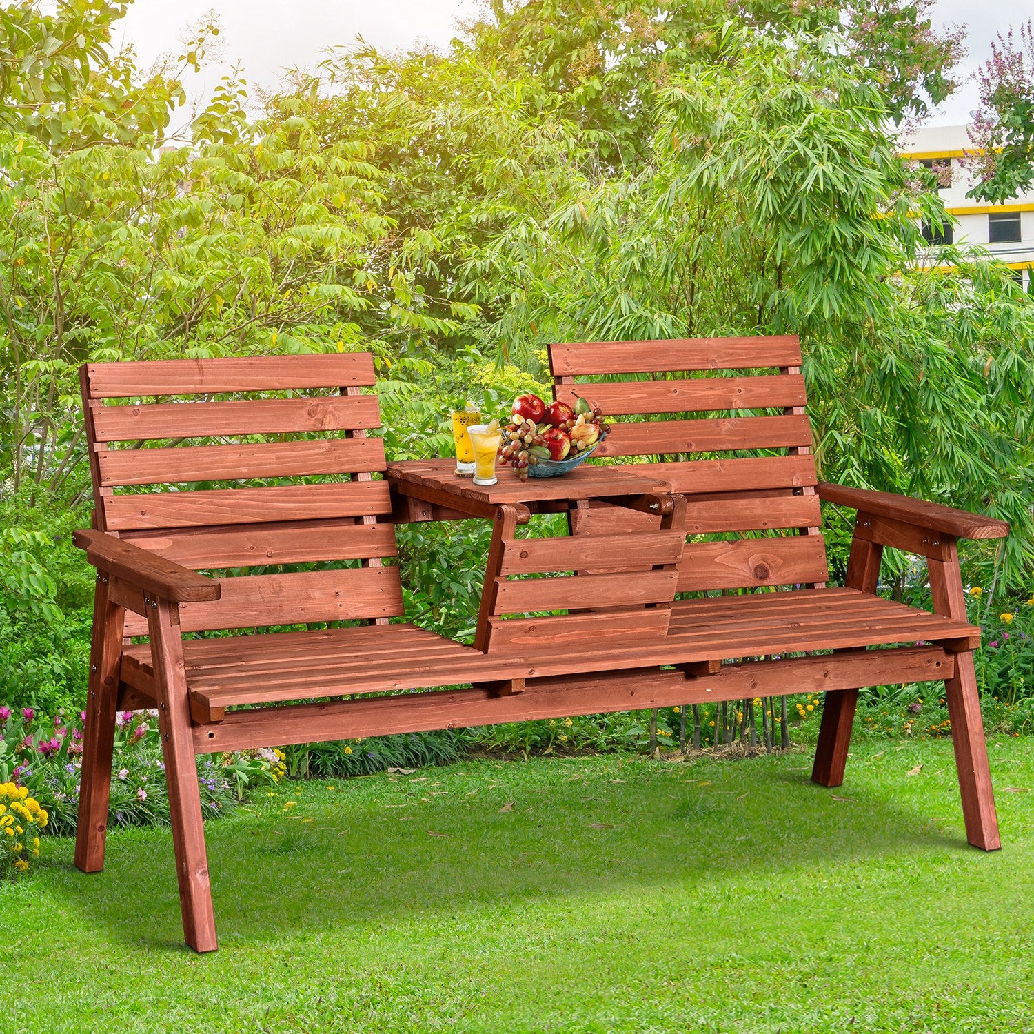 Outsunny Fir Wood Convertible 2 to 3 Seater Outdoor Garden Bench Wood Tone - North Peak Garden Furniture