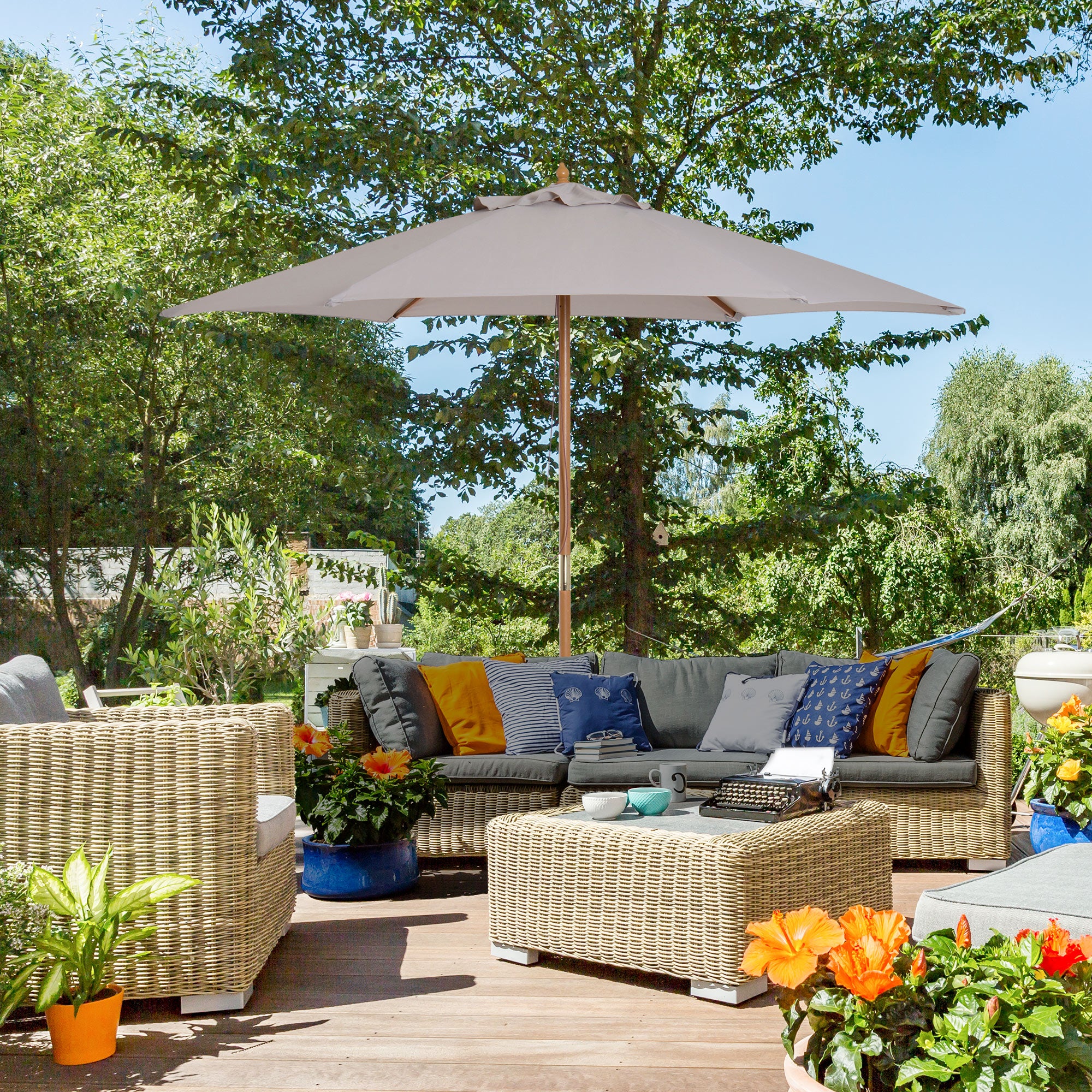 Outsunny 2.5m Wood Garden Parasol Sun Shade Patio Outdoor Wooden Umbrella Canopy Grey - North Peak Garden Furniture