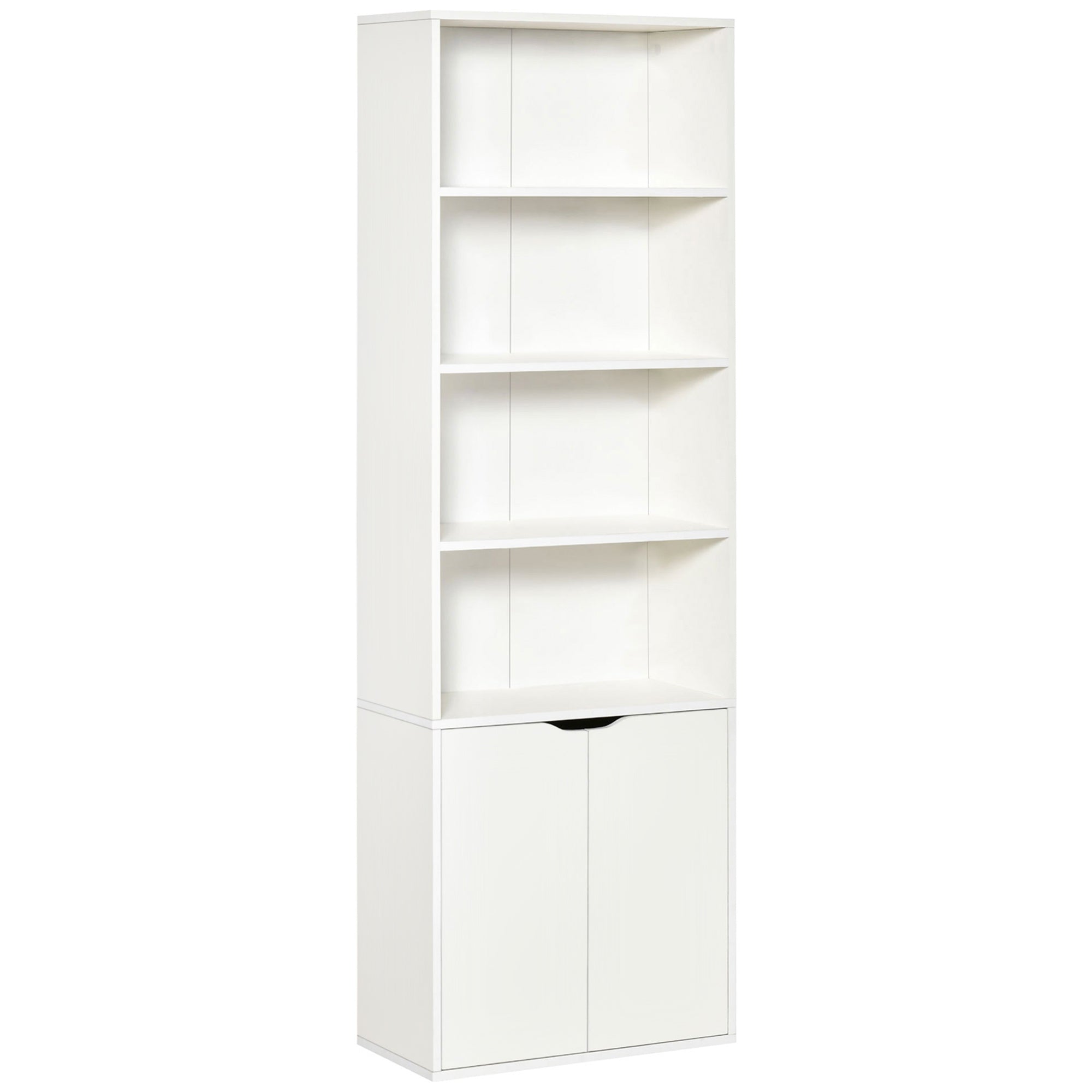 HOMCOM 6-Tier Tall Bookcase, Bookshelf with 4 Open Shelves and Double Door Storage Cabinet, Freestanding Display Rack for Living Room, Bedroom, Home Office, Study, 59 x 29 x 180cm, White - North Peak Garden Furniture
