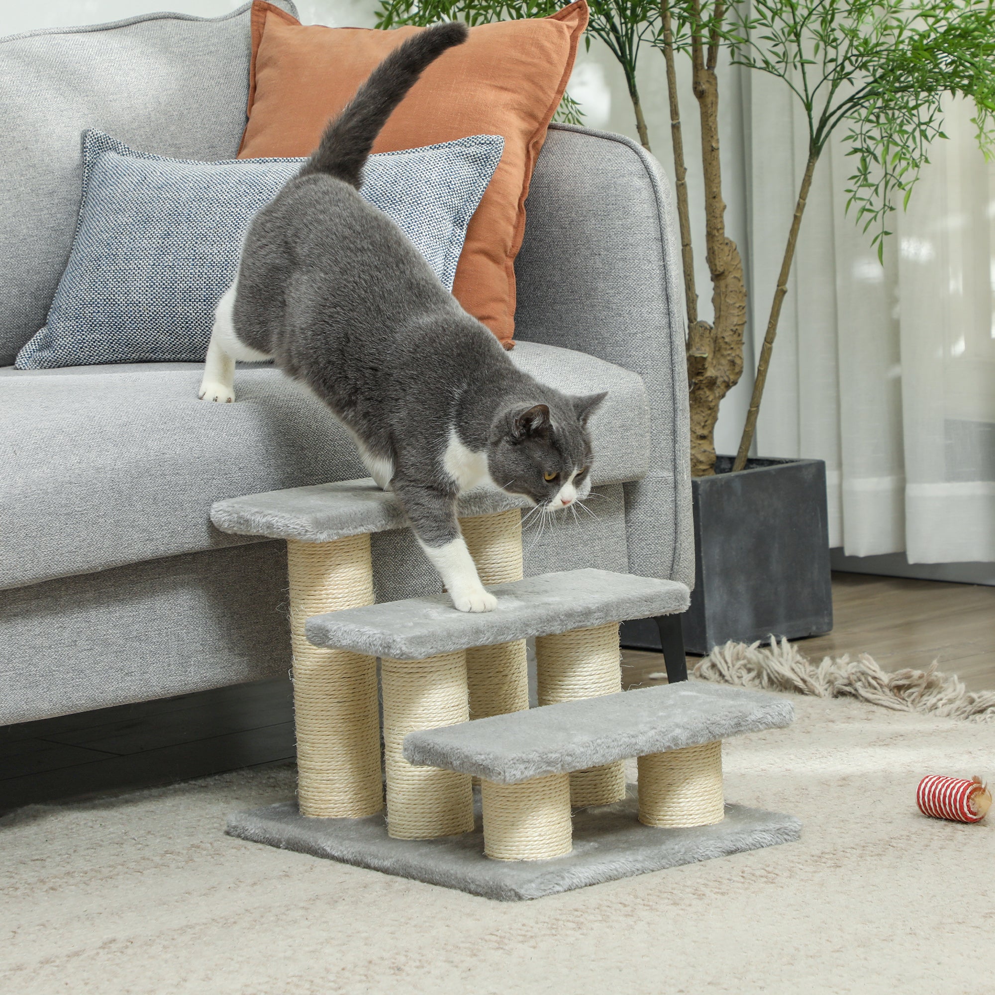 PawHut Pet Stairs 3-step Pet Ladder Cat dog Stairs Climb Ladder Cat Tree, Grey - North Peak Garden Furniture