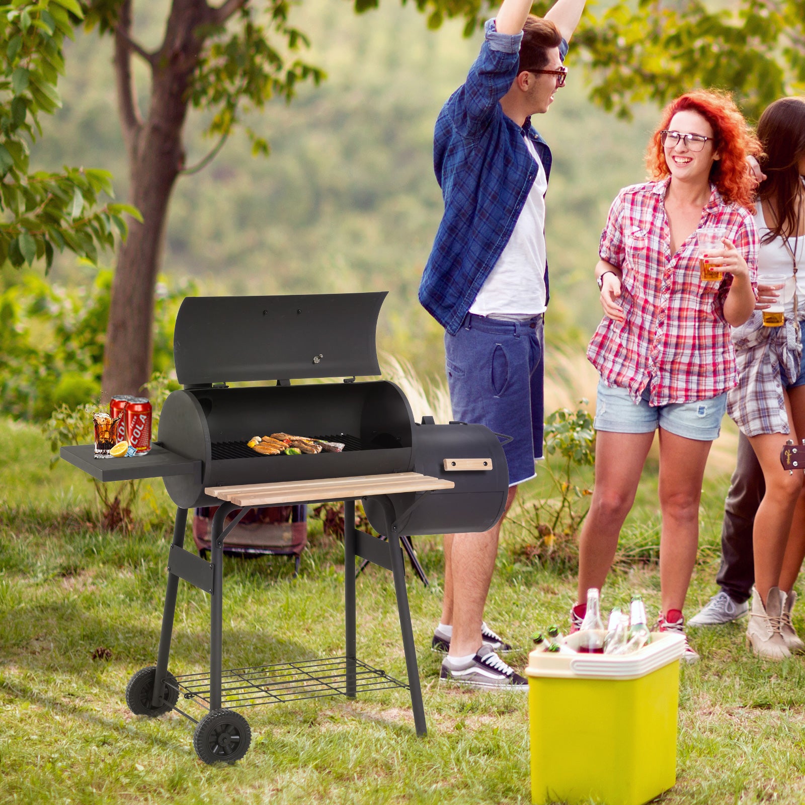 Outsunny Portable Charcoal BBQ Grill, Cold-rolled Steel, Solid Wood, 104H x 124L x53W cm-Black - North Peak Garden Furniture
