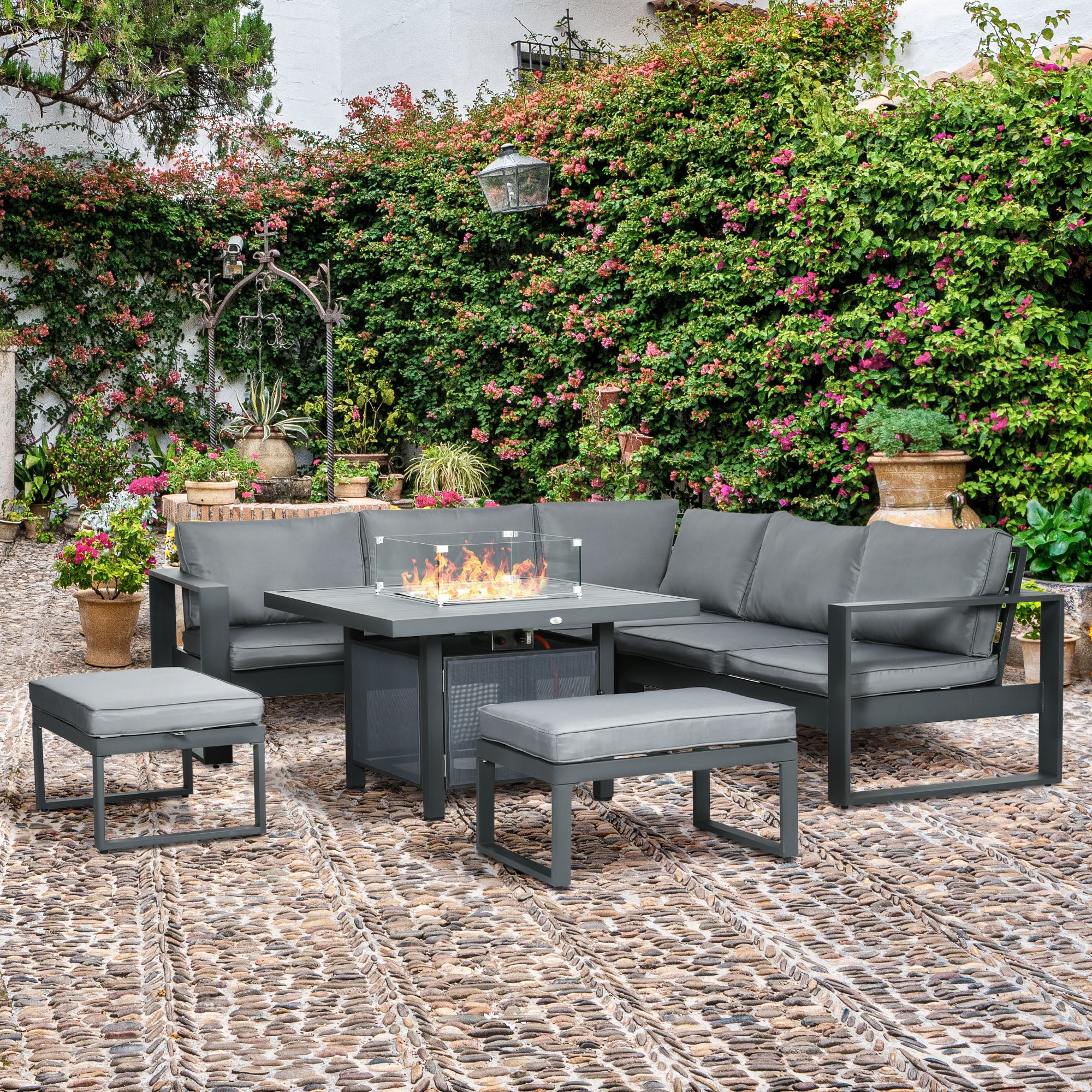 Outsunny 6-Piece Aluminium Garden Furniture Set, Outdoor Conversational Corner Sofa Loveseat Footstool Sectional with Gas Fire Pit Table for Yard, Poolside, Grey - North Peak Garden Furniture
