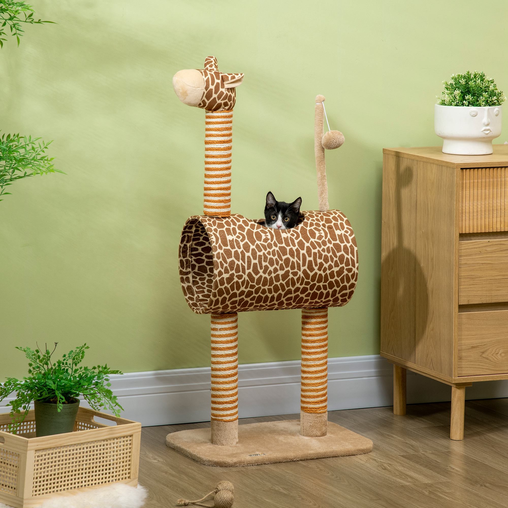 PawHut Giraffe-Designed Cat Tree, with Scratching Posts, Cat Tunnel, Toy Ball - Beige - North Peak Garden Furniture