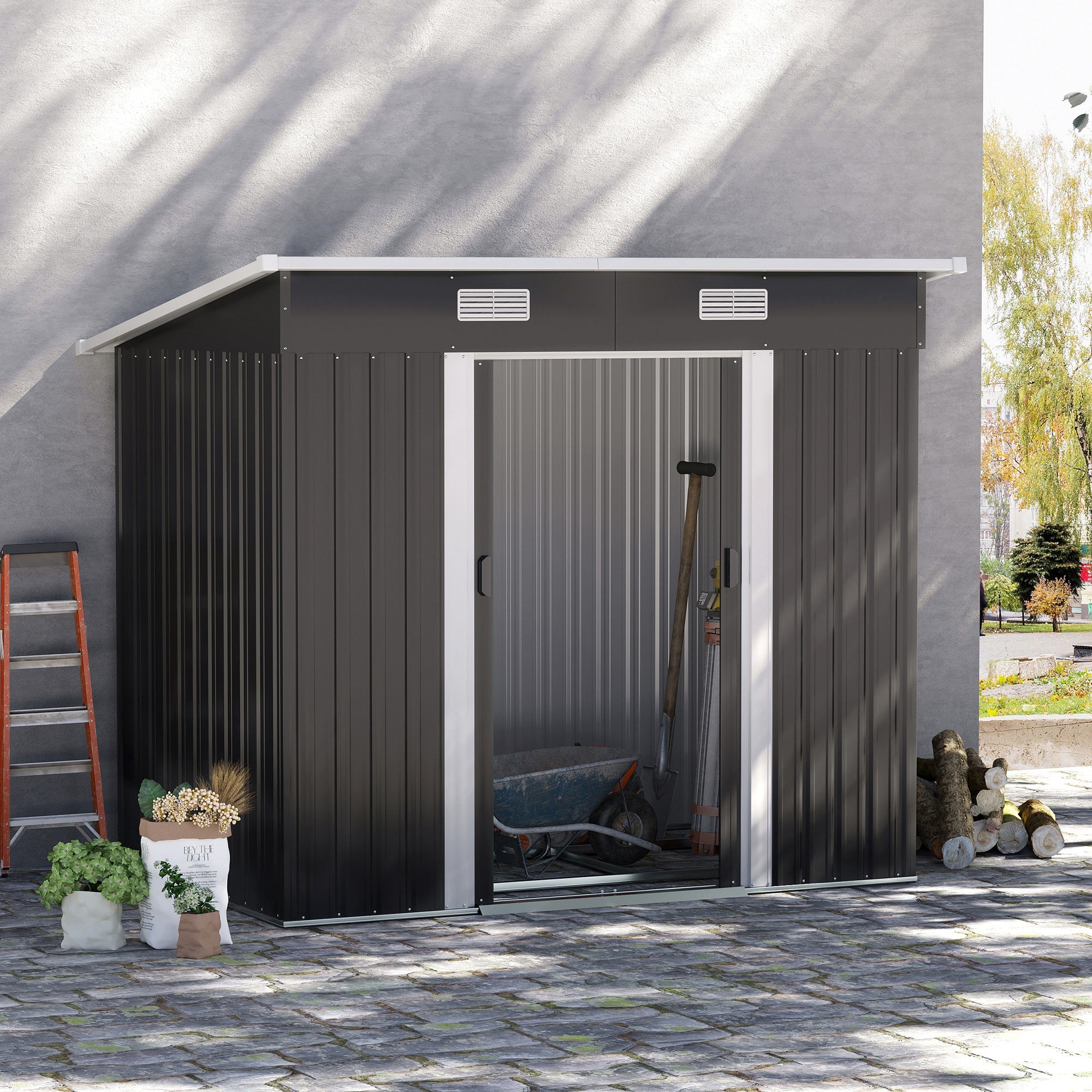 Outsunny 7 x 4ft Outdoor Storage Shed with Foundation Kit, Lean to Metal Garden Shed for Log, Rubbish Bin, Tool, Lawnmower, Bike, Patio and Lawn Use, Black - North Peak Garden Furniture