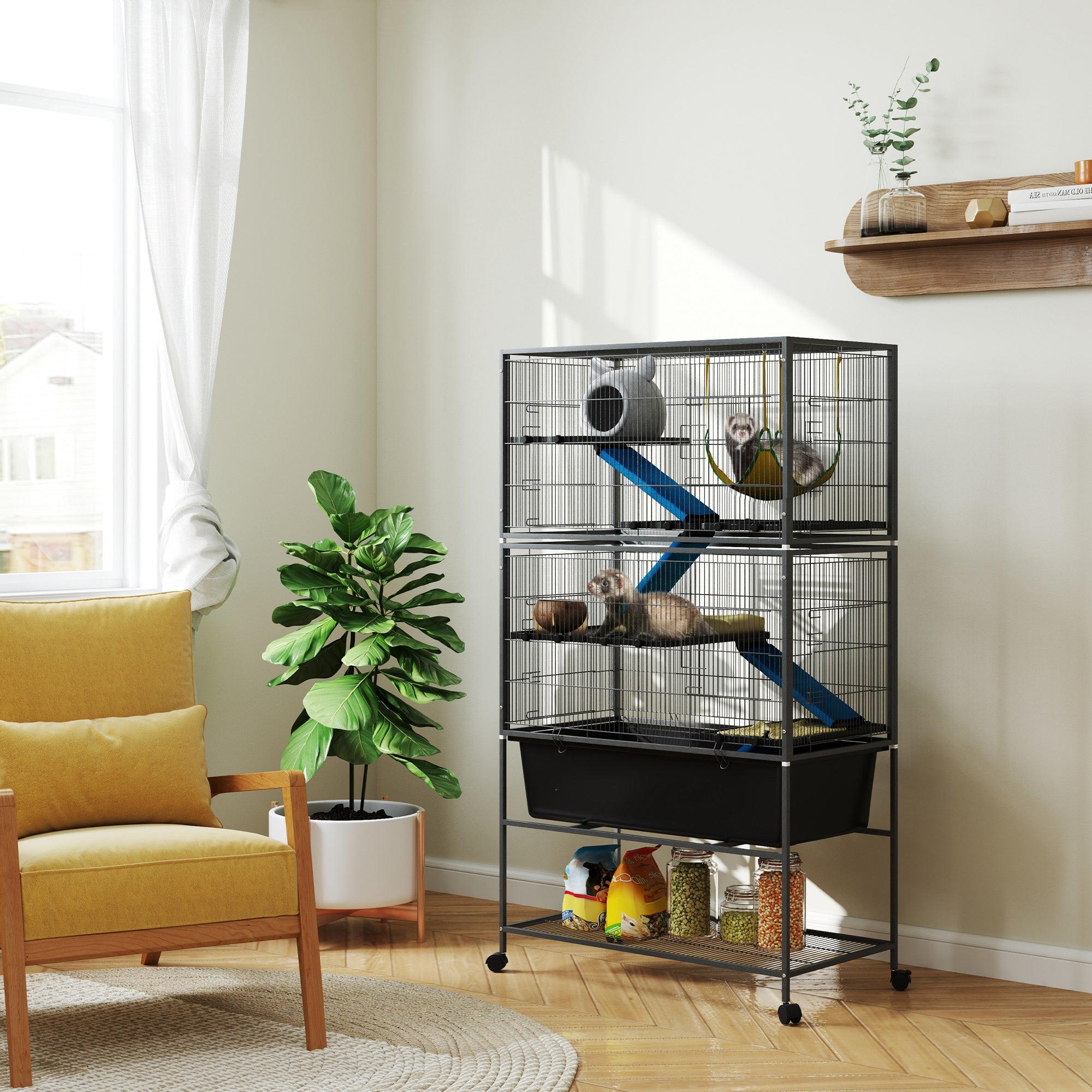 PawHut 5 Levels Rolling Small Animal Cage with Non Slip Ramps, Slide Out 16cm Deep Tray, 88 x 48 x 150.5cm, Dark Grey - North Peak Garden Furniture