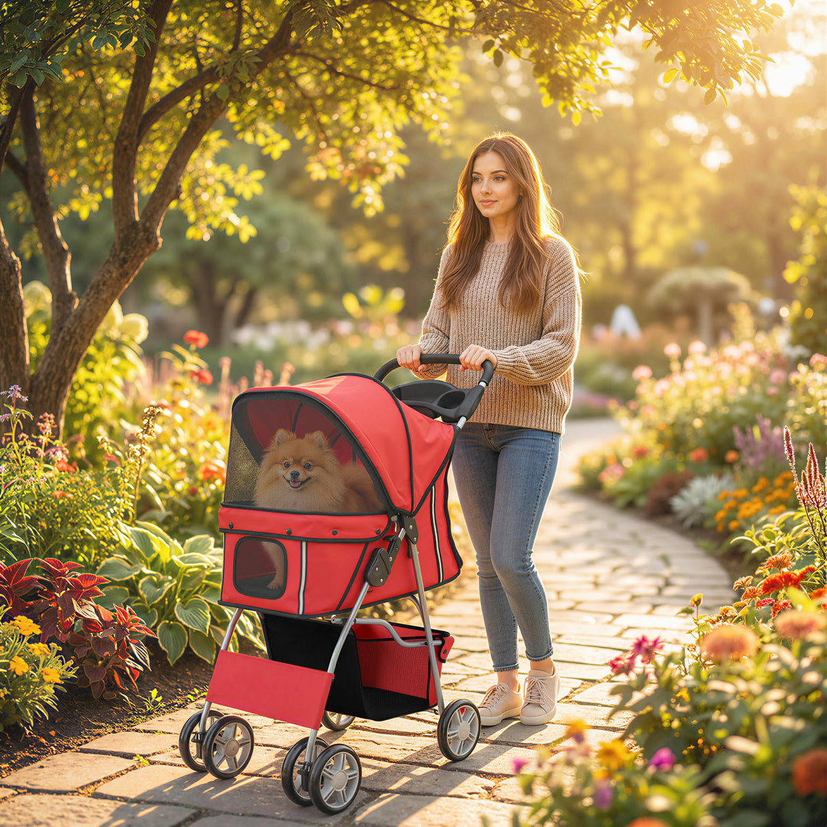PawHut Dog Pram, Pet Stroller with Reflective Strips, Foldable Cat Stroller with 360° Swivel Wheels, Red