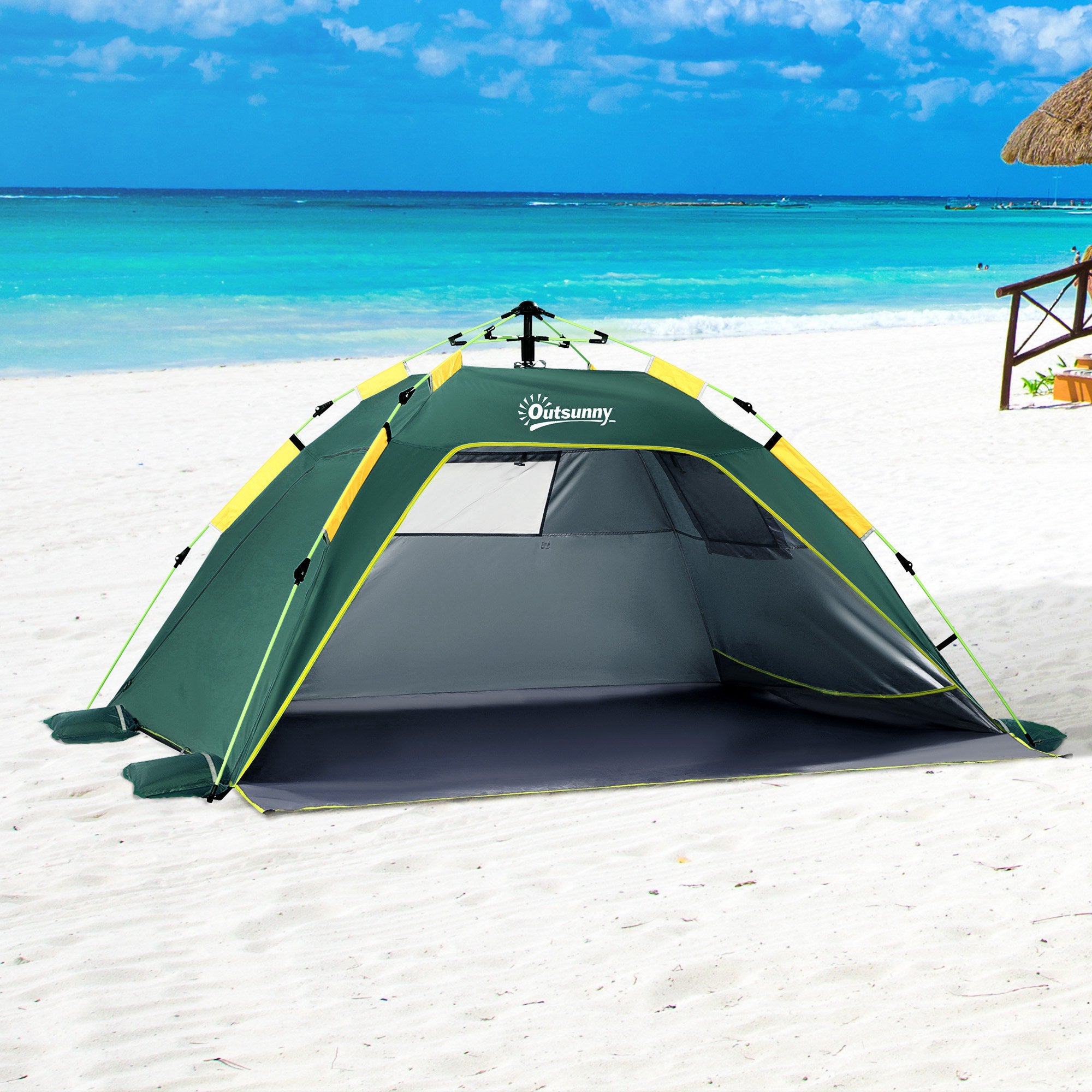Outsunny Beach Tent for 1-2 Person Pop-up Design with 2 Mesh Windows & 2 Doors Dark Green - North Peak Garden Furniture
