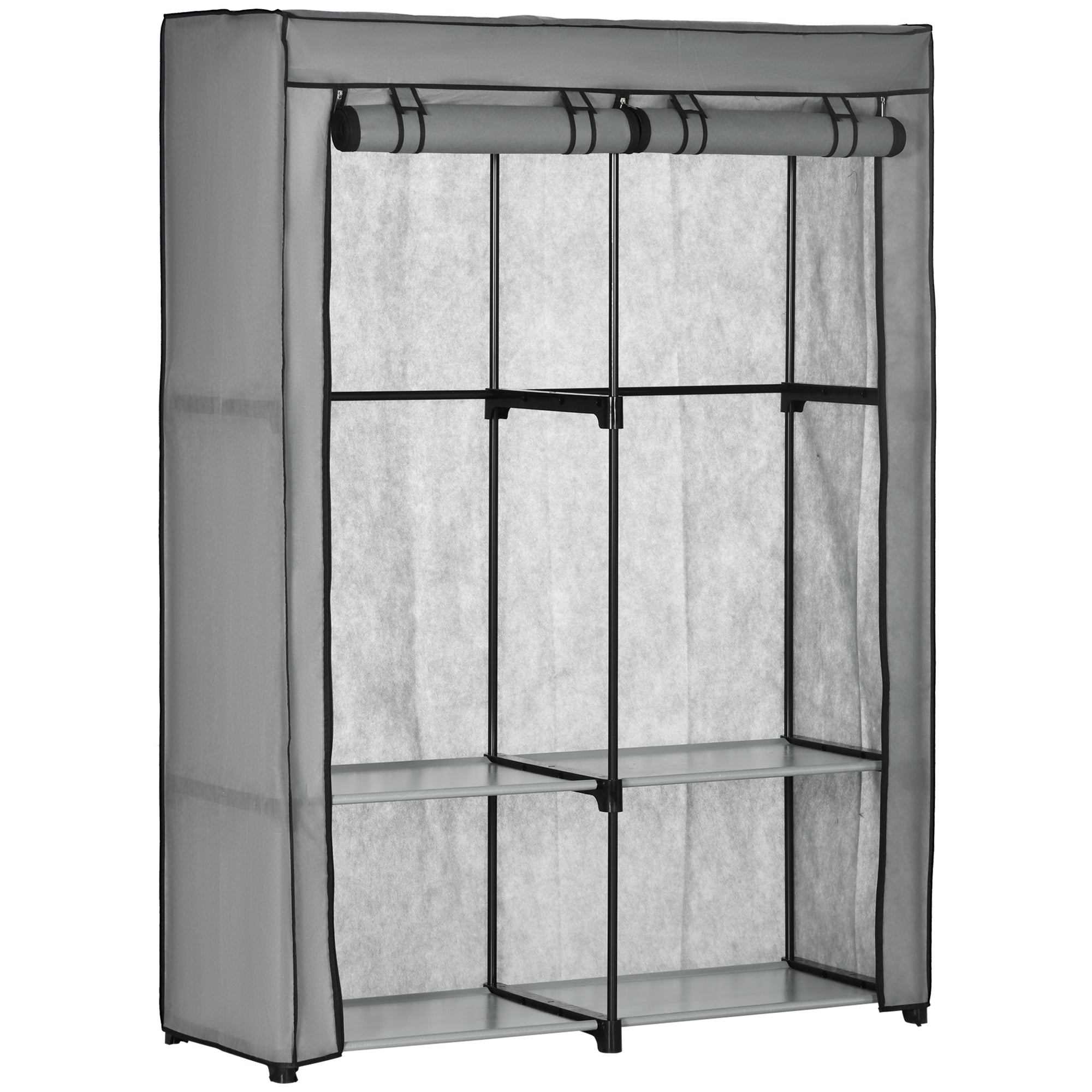 HOMCOM Steel Frame Fabric Wardrobe, with Rail and Shelves - Light Grey - North Peak Garden Furniture