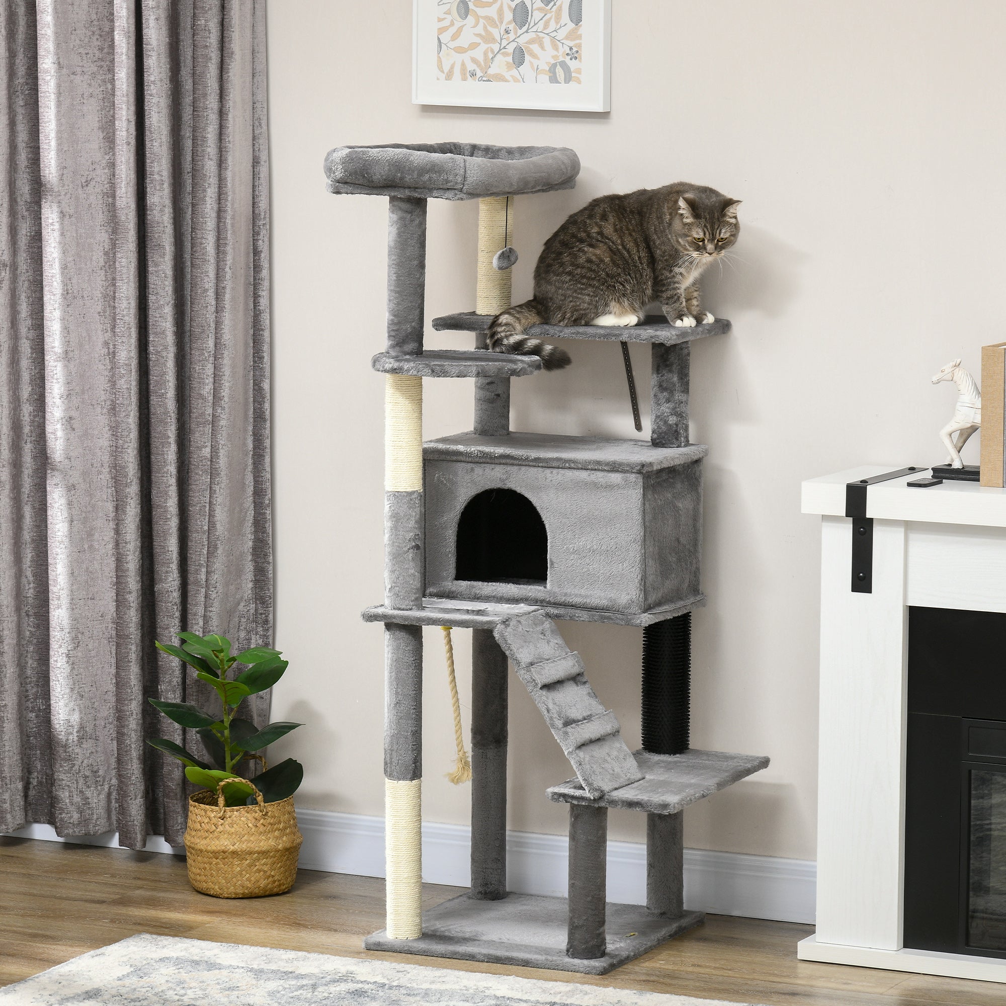 PawHut Cat Tree Tower for Indoor Cats, with Scratching Post, Cat House, Toy, Grey - North Peak Garden Furniture