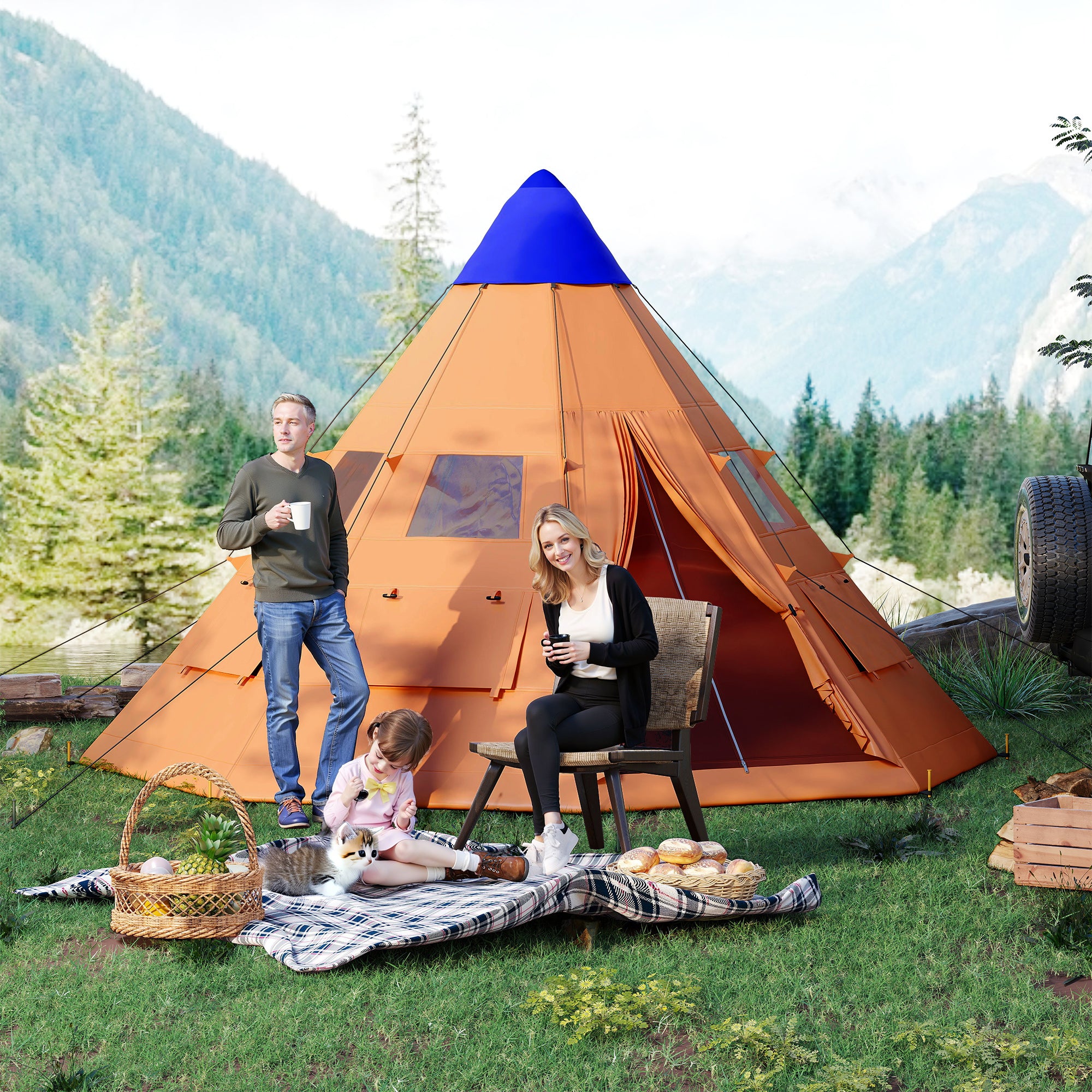 Outsunny 6 Men Tipi Tent with Carry Bag - Orange