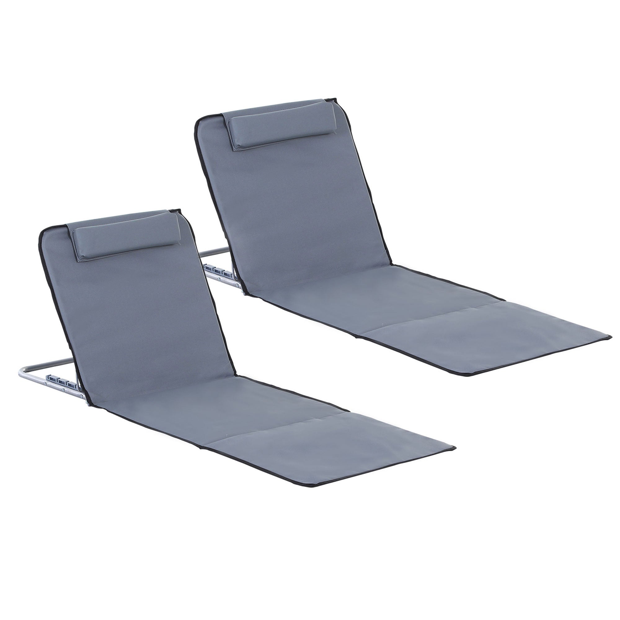 Outsunny Set of 2 Foldable Garden Beach Chair Mat Lightweight Outdoor Sun Lounger Seats Adjustable Back Metal Frame PE Fabric Head Pillow w/ Carry Bag,Grey - North Peak Garden Furniture