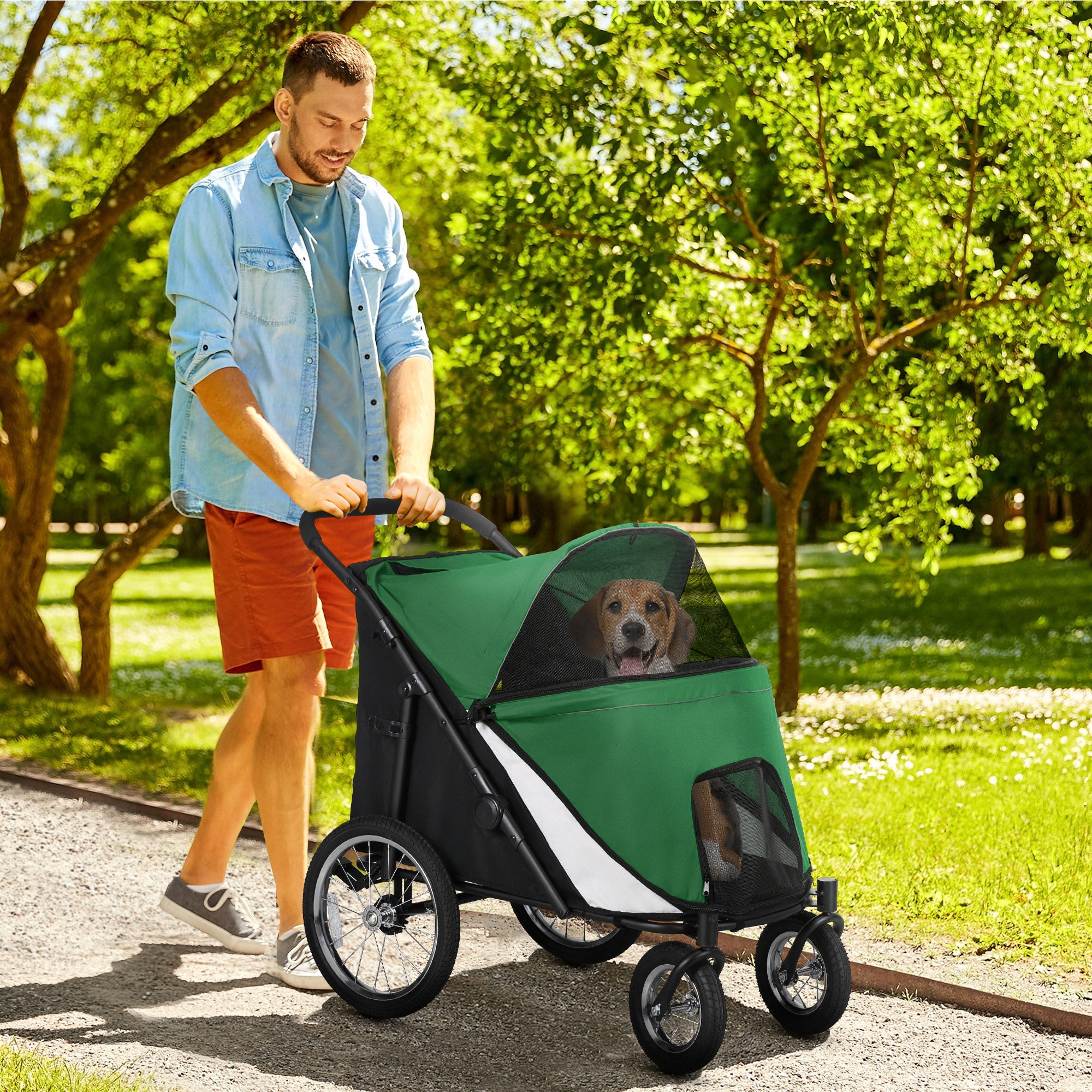 PawHut Foldable Pet Stroller, with Washable Cushion, Storage Bags, Safety Leash, for Medium, Large Dogs, Catts, Travel - Green - North Peak Garden Furniture