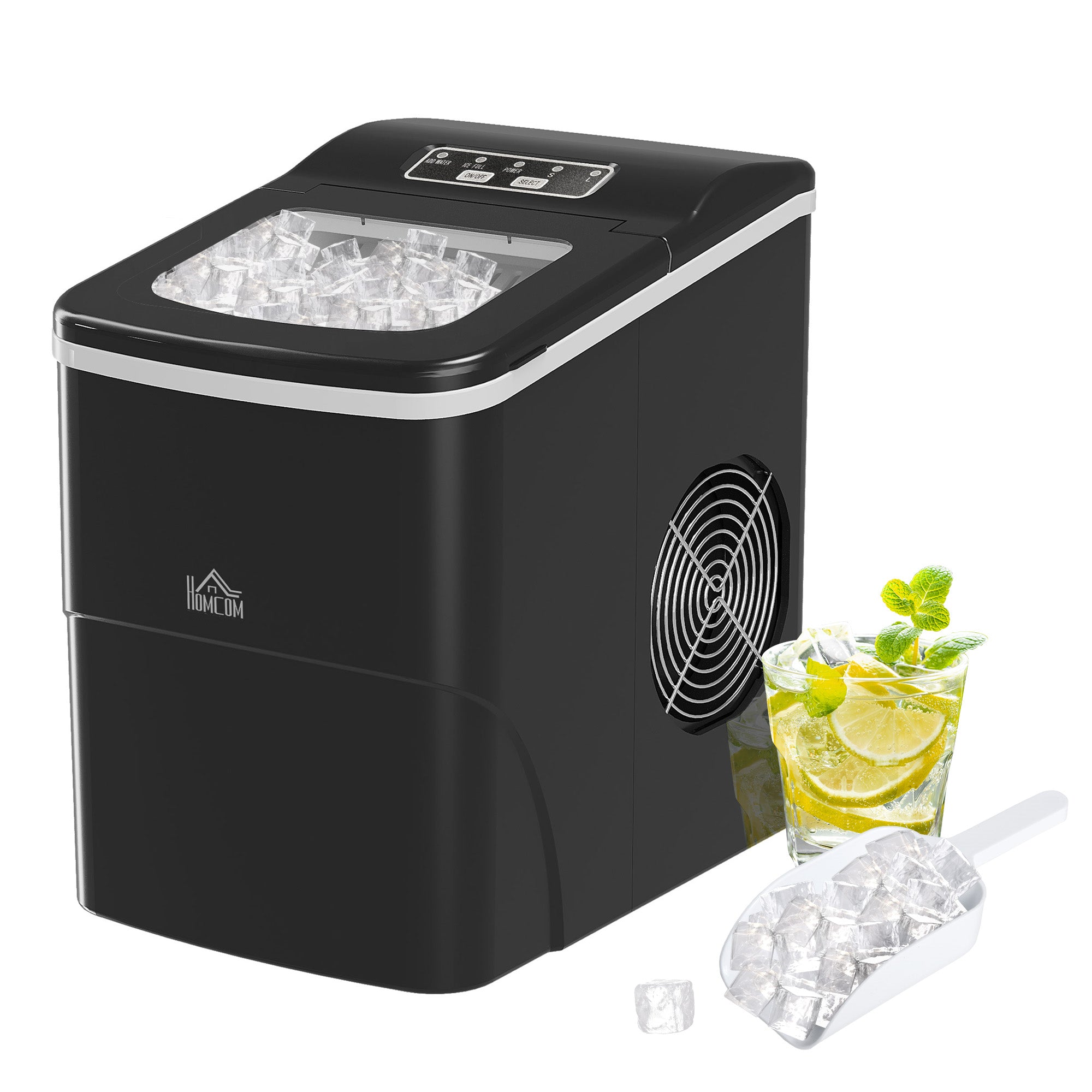 HOMCOM Portable Ice Maker Countertop, Bullet Ice Cube Machine, 9 Ice Cubes per 8 Minutes, Automatic Cleaning, Visible Window Scoop and Basket for Kitchen, Office, Bar, Black - North Peak Garden Furniture