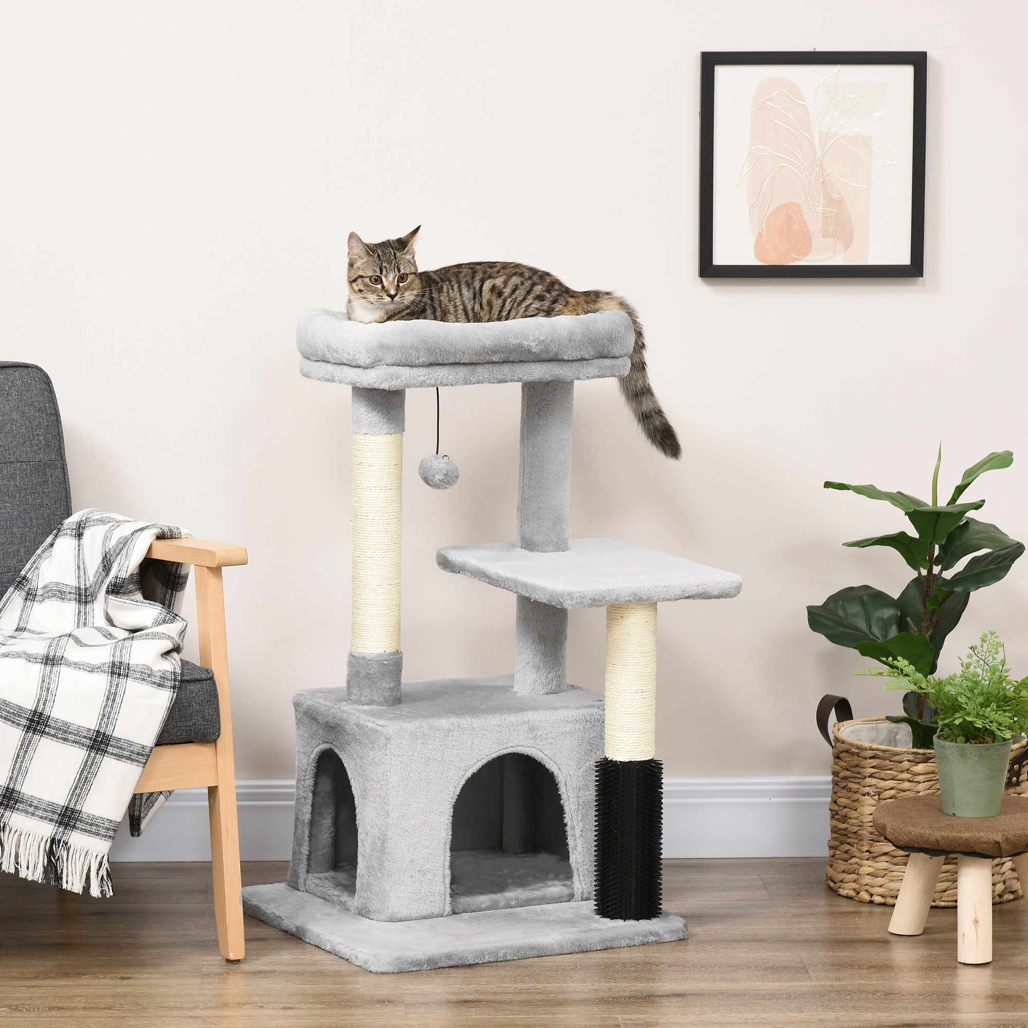 PawHut Cat Tree for Indoor Cats Climbing Tower Kitten Scratch Post Activity Center Kitten with Massage Toy Hanging Ball Bed Condo Perch 48 x 48 x 85cm Grey - North Peak Garden Furniture