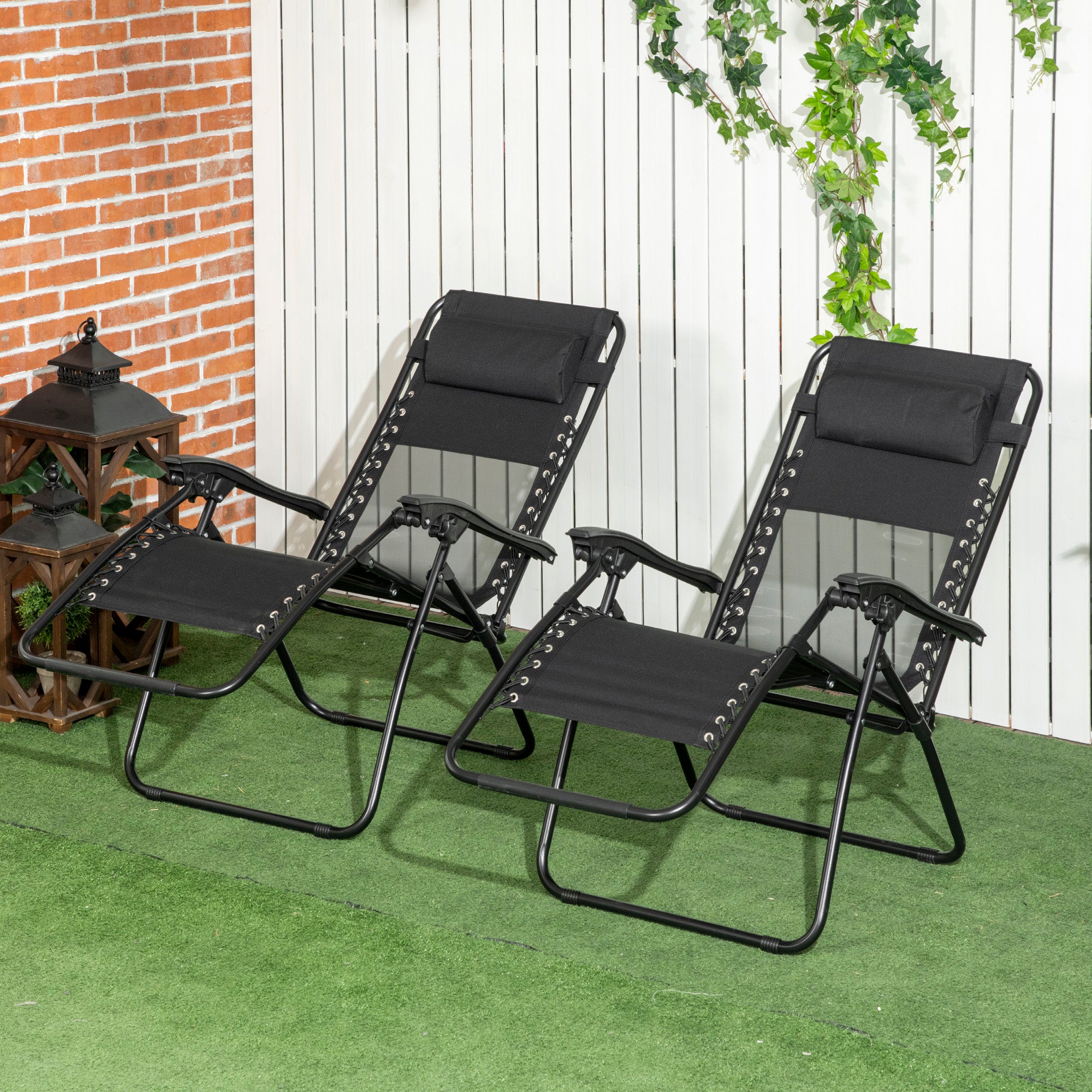Outsunny Garden Recliner Chairs Set of 2, Outdoor Foldable Zero Gravity Chairs Set w/ Footstool and Detachable Headrest, Black - North Peak Garden Furniture