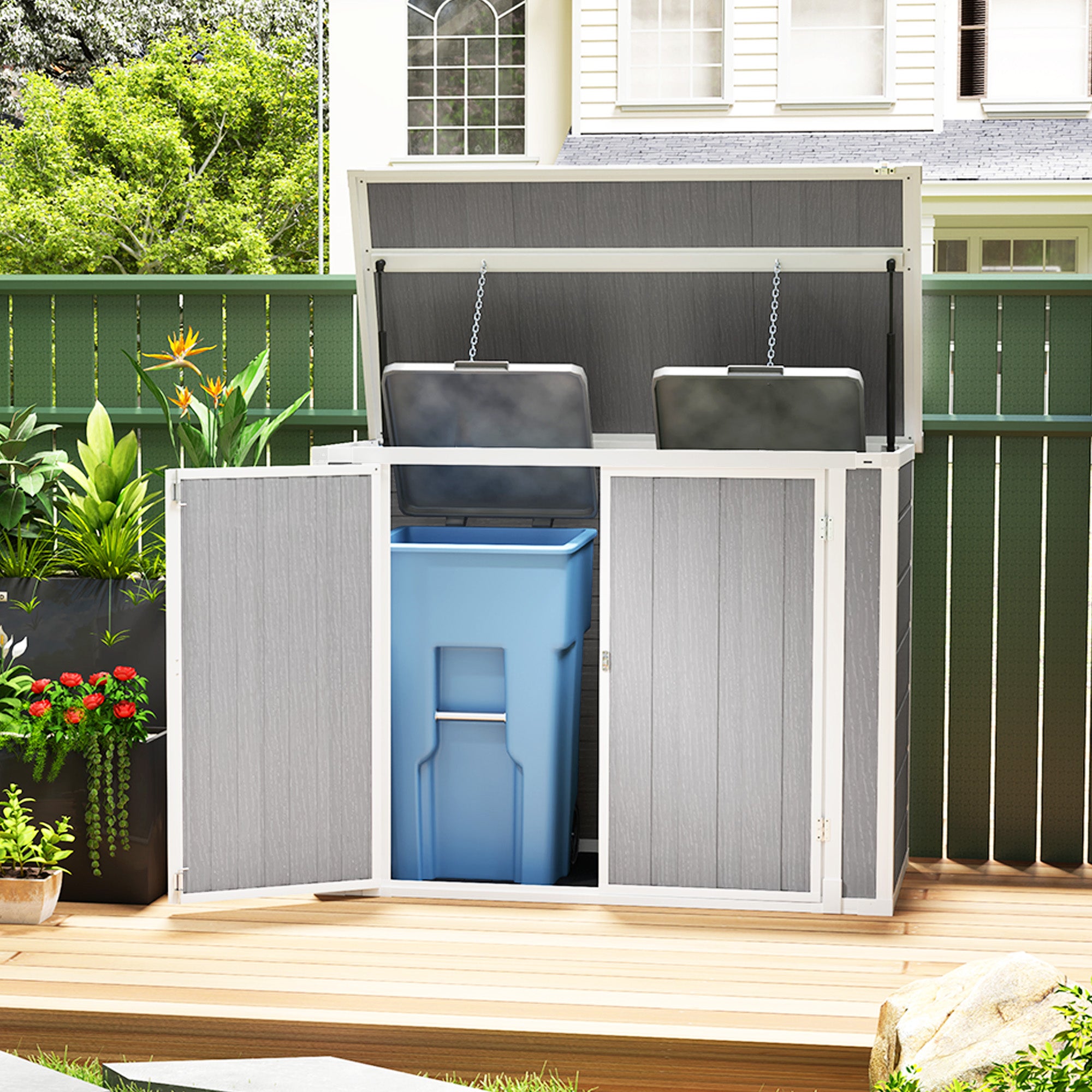 Outsunny 4.7 x 2.5FT Garden Shed, Double Bin Storage Shed with Lockable Doors, Outdoor Small Shed with Openable Lid for 2 Trash Cans, Garden Tools, Grey - North Peak Garden Furniture