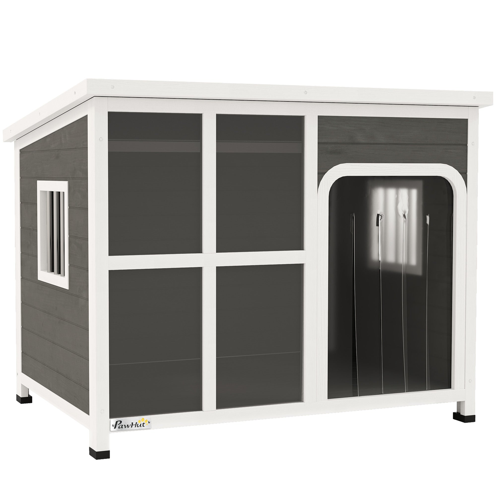 PawHut Wooden Dog House Outdoor with Asphalt Openable Top, Removable Floor, Clear Front Panel, Curtain, 103 x 77 x 83cm - North Peak Garden Furniture
