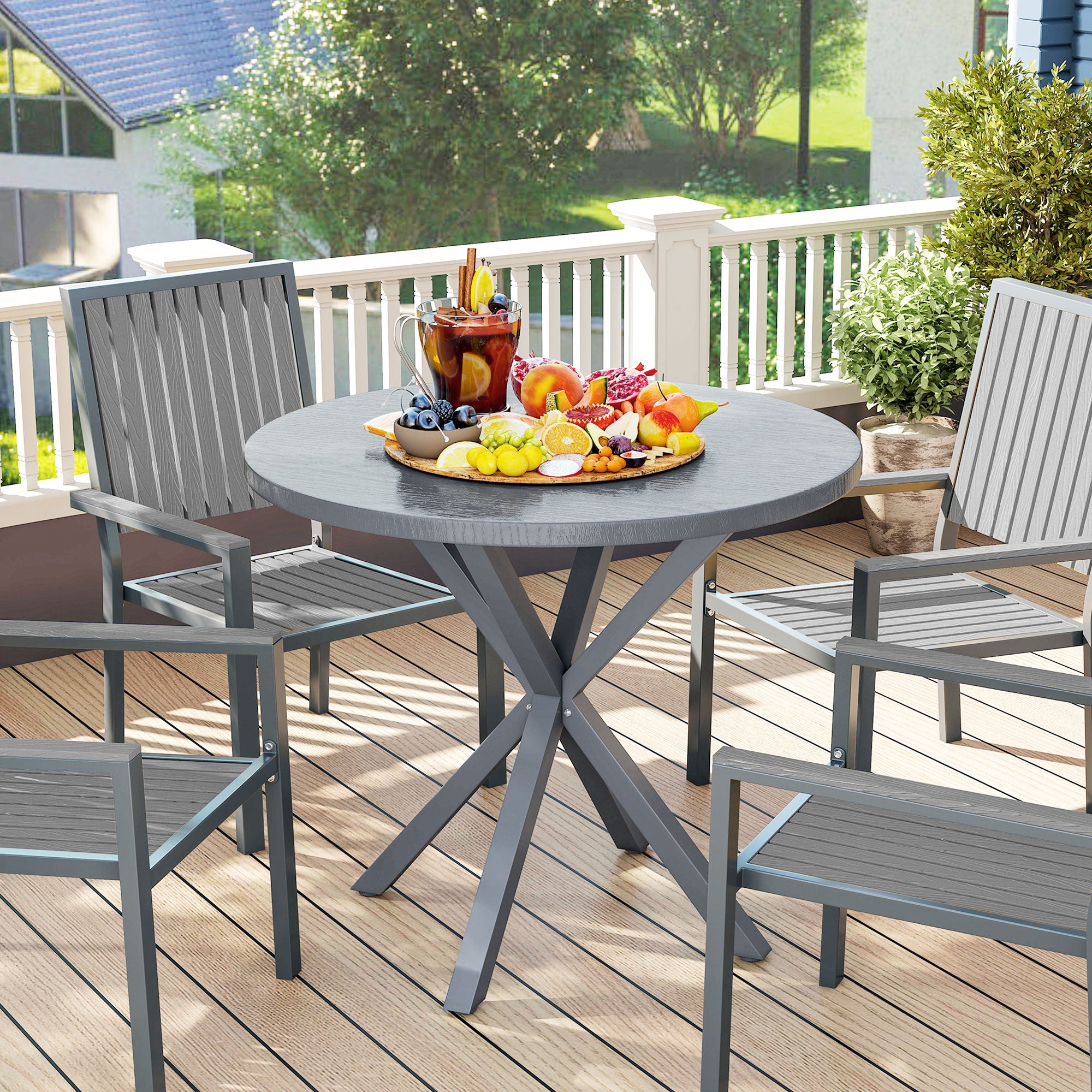 Outsunny Garden Table, 85cm Round Outdoor Dining Table with Steel Frame, Wood Effect Top, for Balcony, Deck, Dark Grey - North Peak Garden Furniture