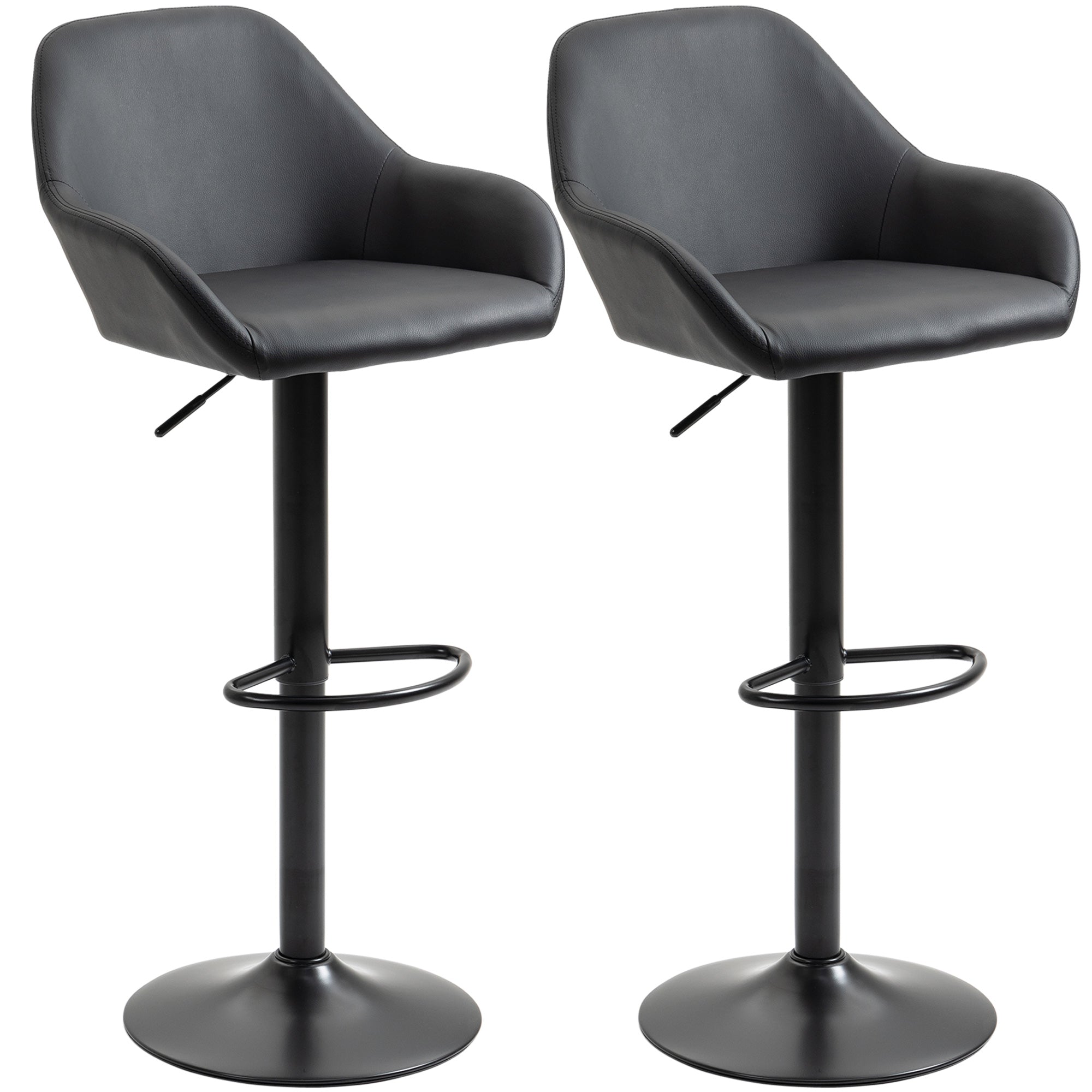 HOMCOM Adjustable Bar Stools Set of 2, Swivel Barstools with Footrest and Backrest, PU Leather and Steel Base, for Kitchen Counter and Dining Room, Black - North Peak Garden Furniture