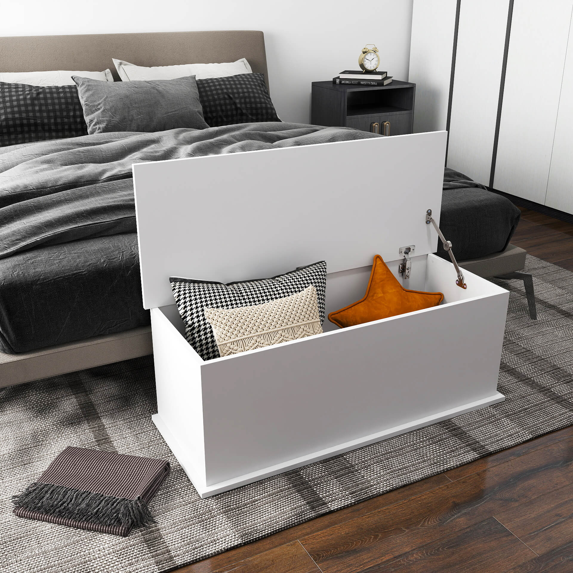 HOMCOM Wooden Storage Box Clothes Toy Chest Bench Seat Ottoman Bedding Blanket Trunk Container with Lid - White - North Peak Garden Furniture