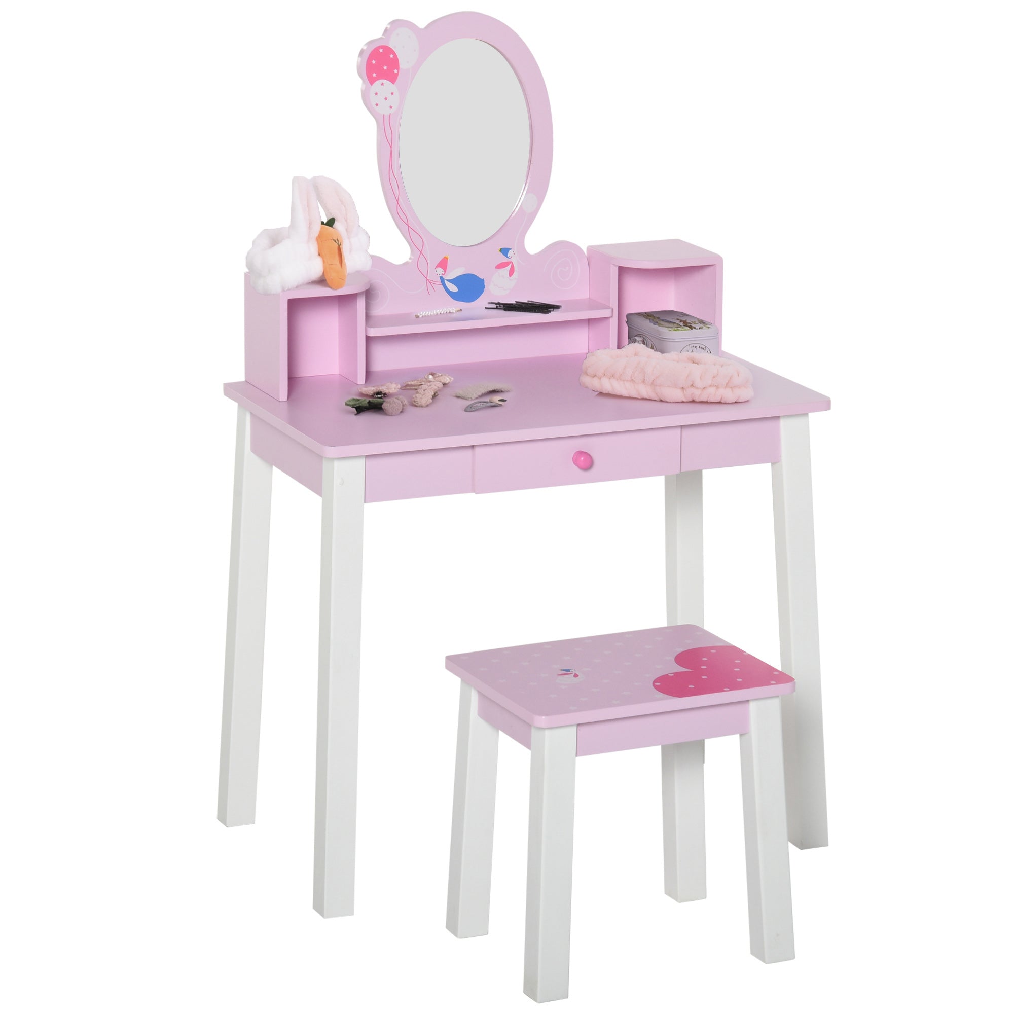 HOMCOM Kids Wooden Dressing Table and Stool Make Up Desk (Pink) - North Peak Garden Furniture