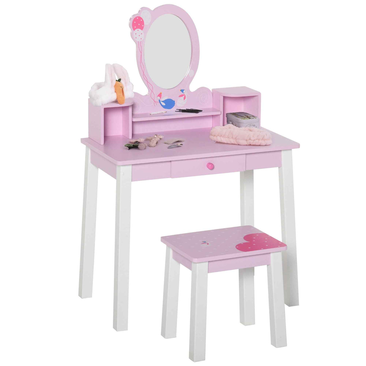 HOMCOM Kids Wooden Dressing Table and Stool Make Up Desk (Pink)