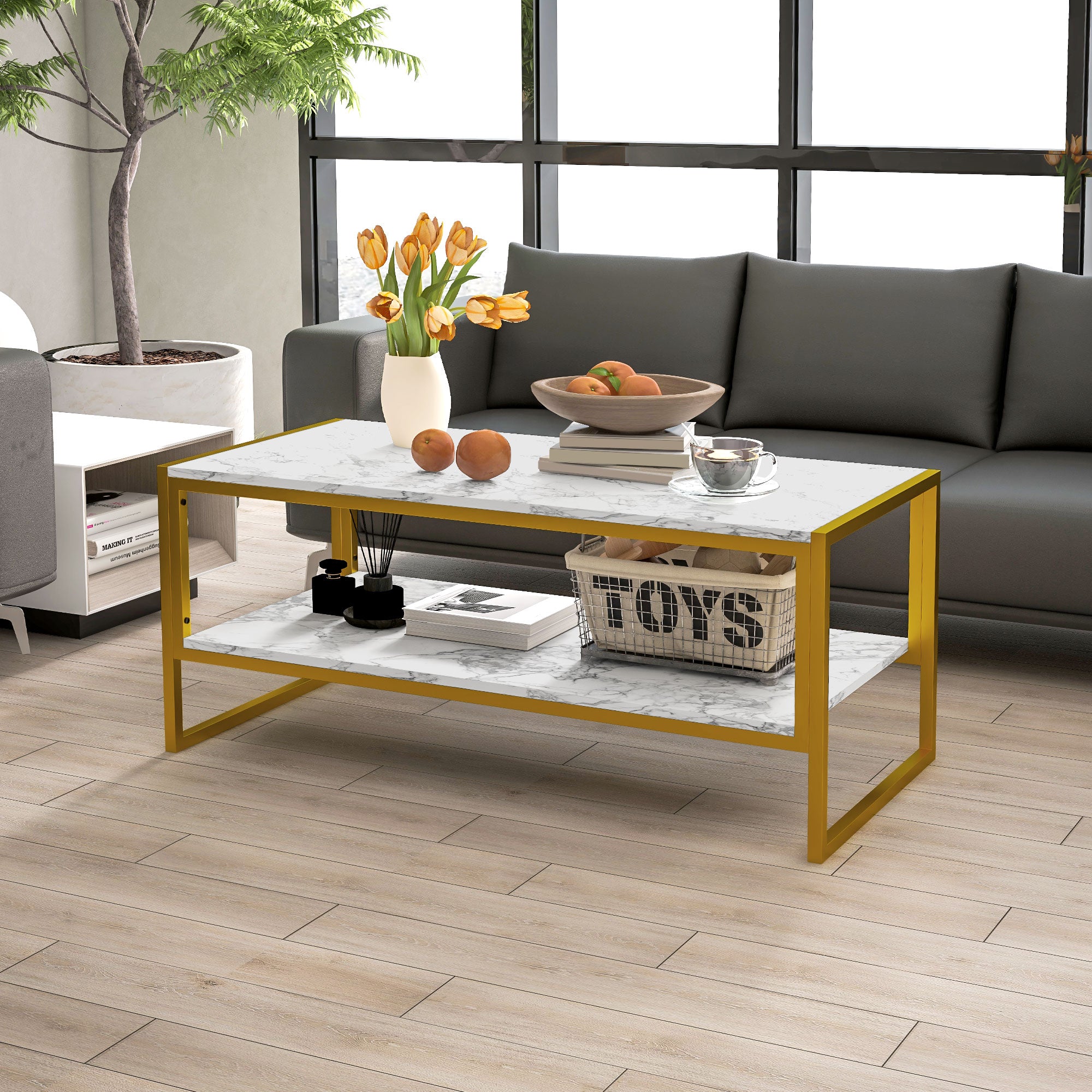 HOMCOM Coffee Table, Two-Tier Marble Centre Table with Metal Frame and Storage Shelf for Living Room, 106 x 50 x 45cm, White - North Peak Garden Furniture