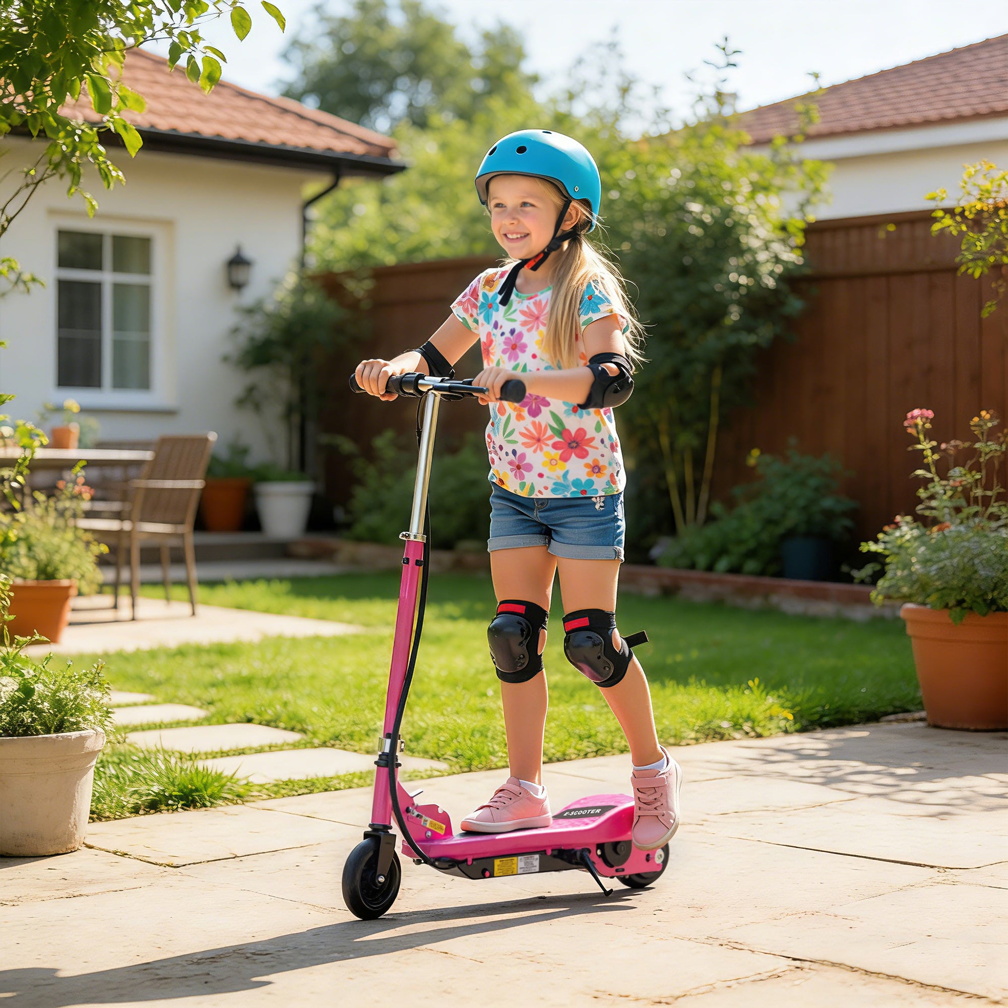 HOMCOM Folding Electric Kids Scooter Ride on Age 7-14, Pink