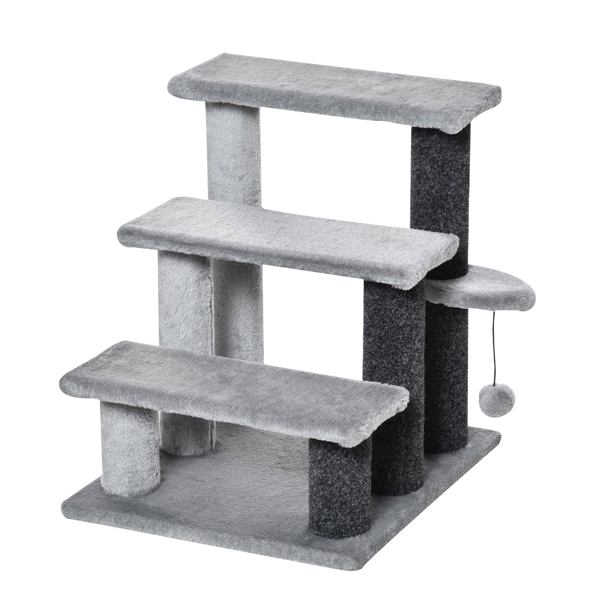 PawHut 3-step Pet Stairs with Scratching Posts, Platforms, Toy Ball, Grey - North Peak Garden Furniture