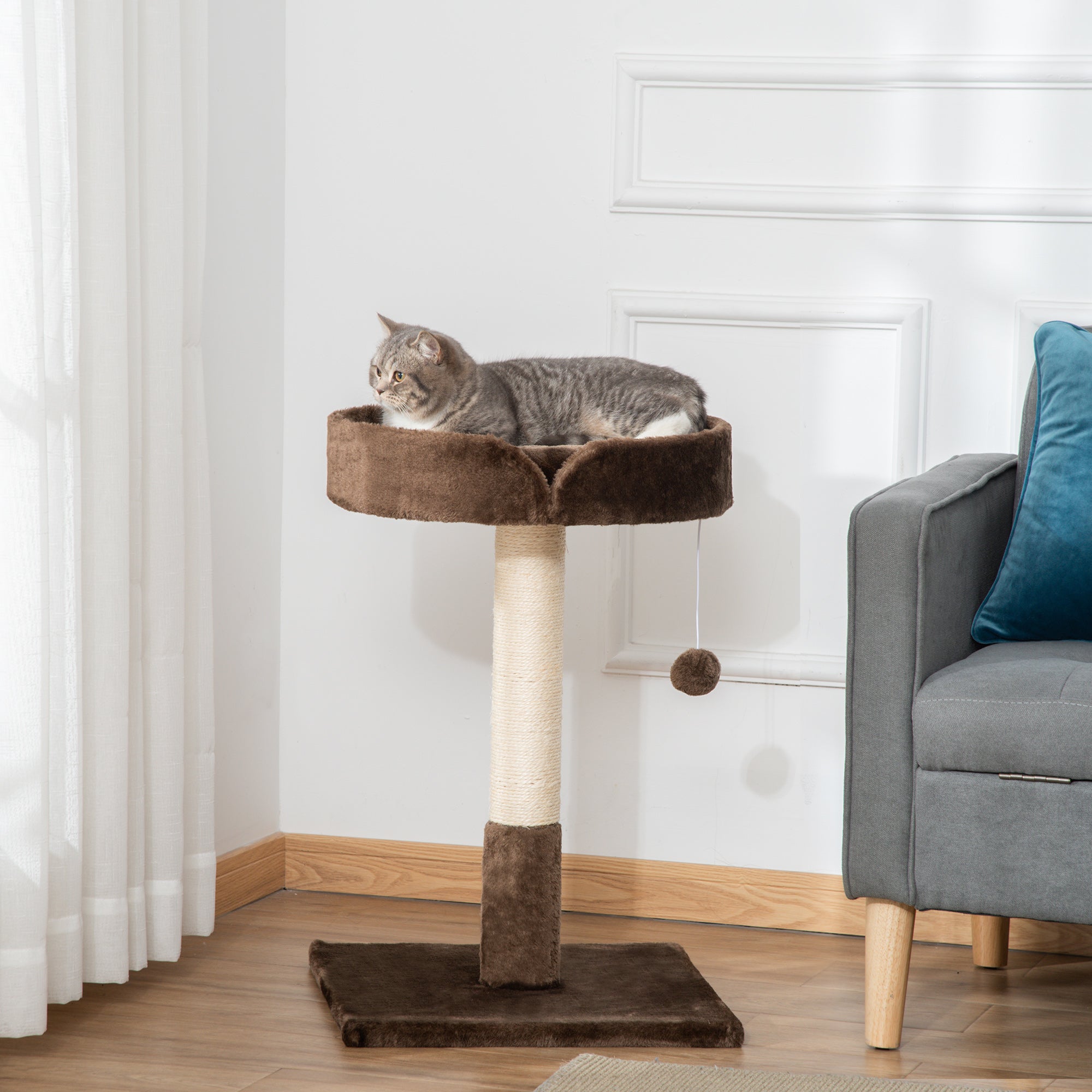 PawHut Small Cat Tree for Indoor Cats with Sisal Scratching Post Kitten Bed Cushion Ball Toy, Brown, 45x45x70 cm - North Peak Garden Furniture