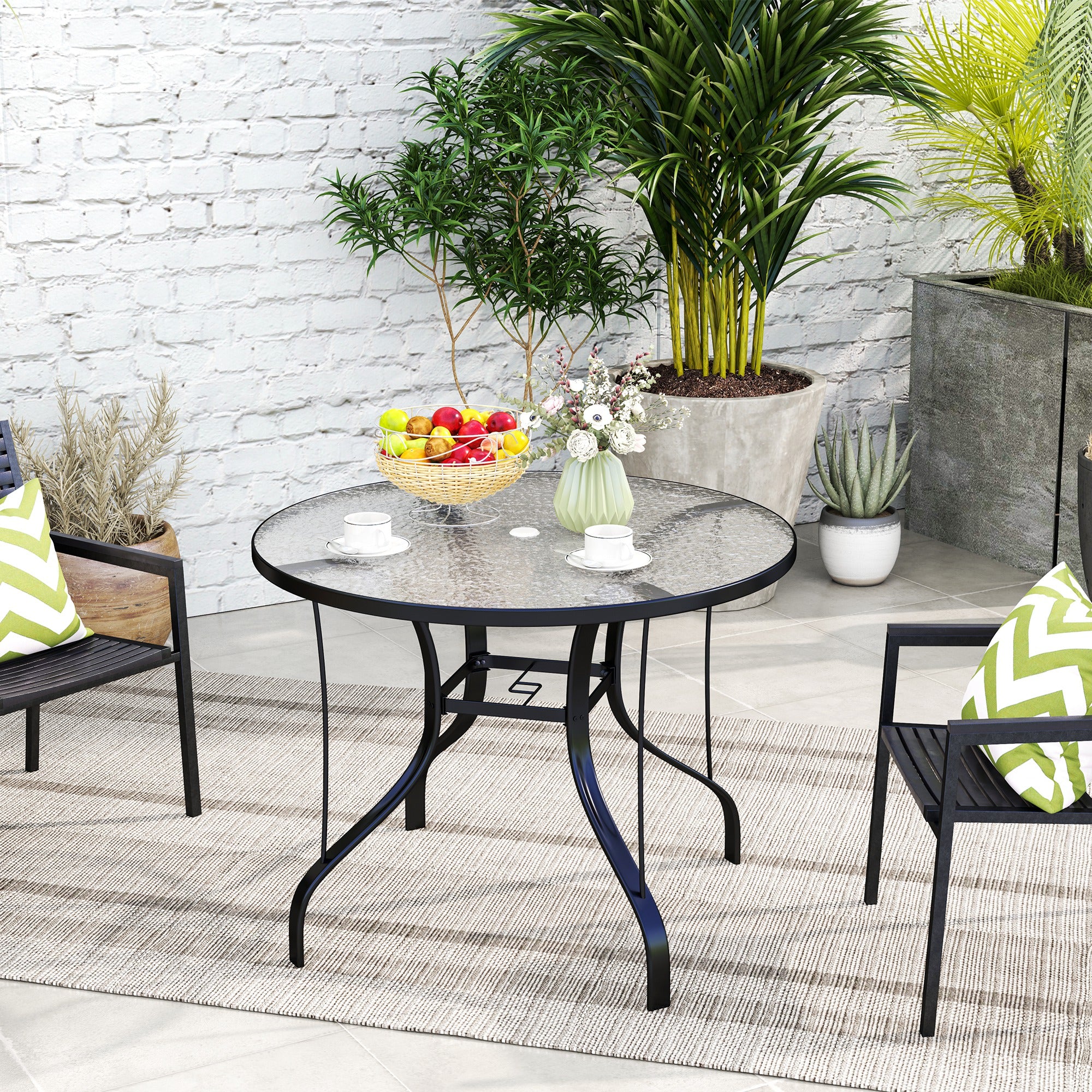 Outsunny Tempered Glass Top Round Outdoor Dining Table with Parasol Hole, 96.5 x 96.5 x 71 cm - North Peak Garden Furniture