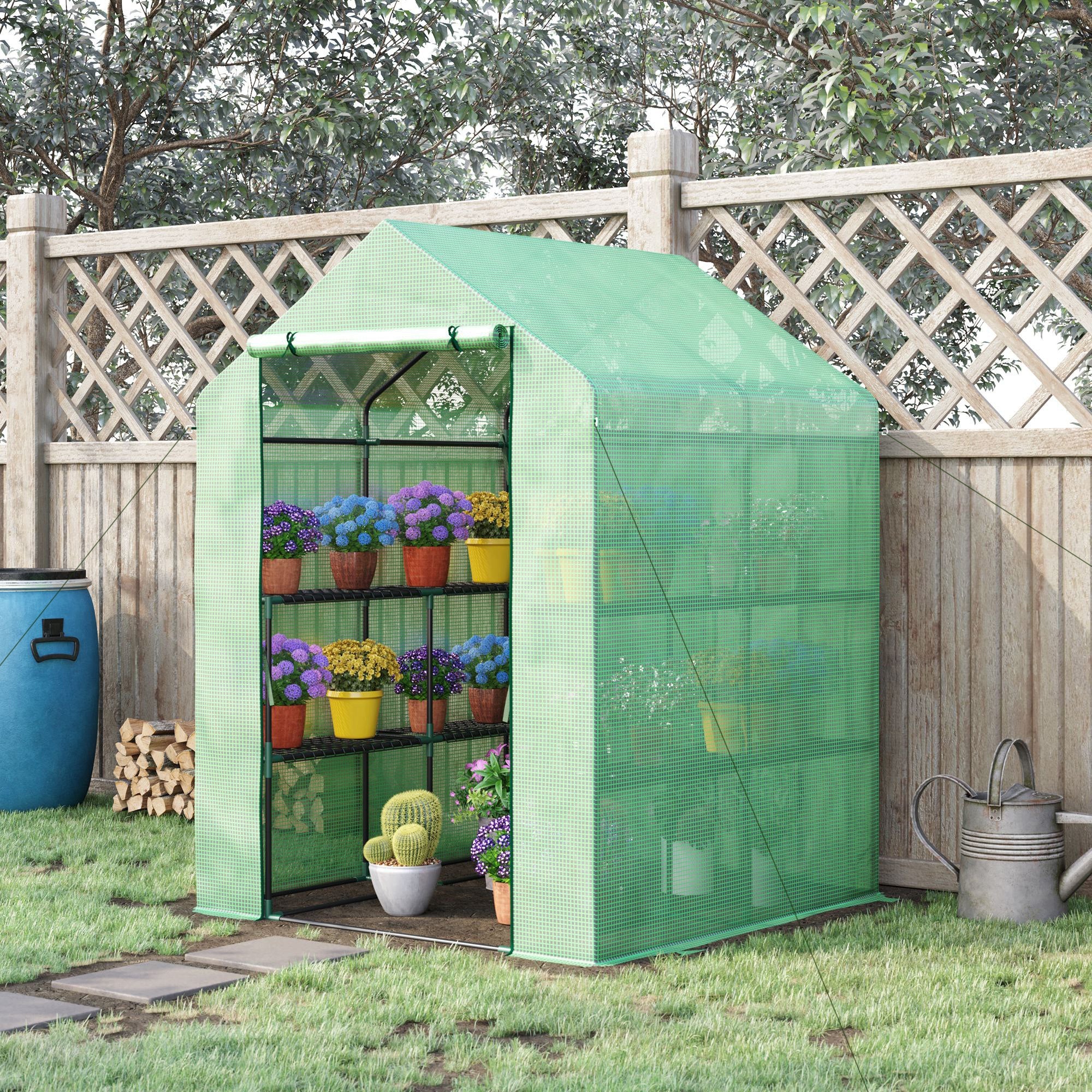 Outsunny Walk in Garden Greenhouse with Shelves Polytunnel Steeple Green house Grow House Removable Cover 143x138x190cm, Green - North Peak Garden Furniture