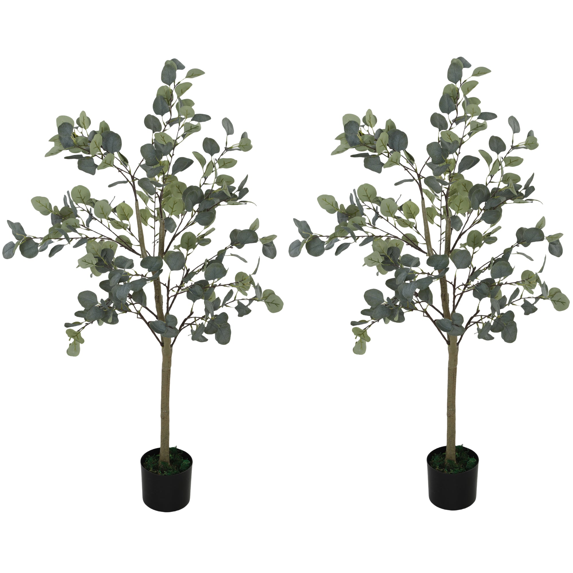 HOMCOM Set of 2 Decorative Artificial Plants, 4ft/ 120cm Silk Eucalyptus Trees with 230 Silver Dollar Leaves in Pot, Fake Plants for Home, Office, Living Room, Indoor Decor - North Peak Garden Furniture