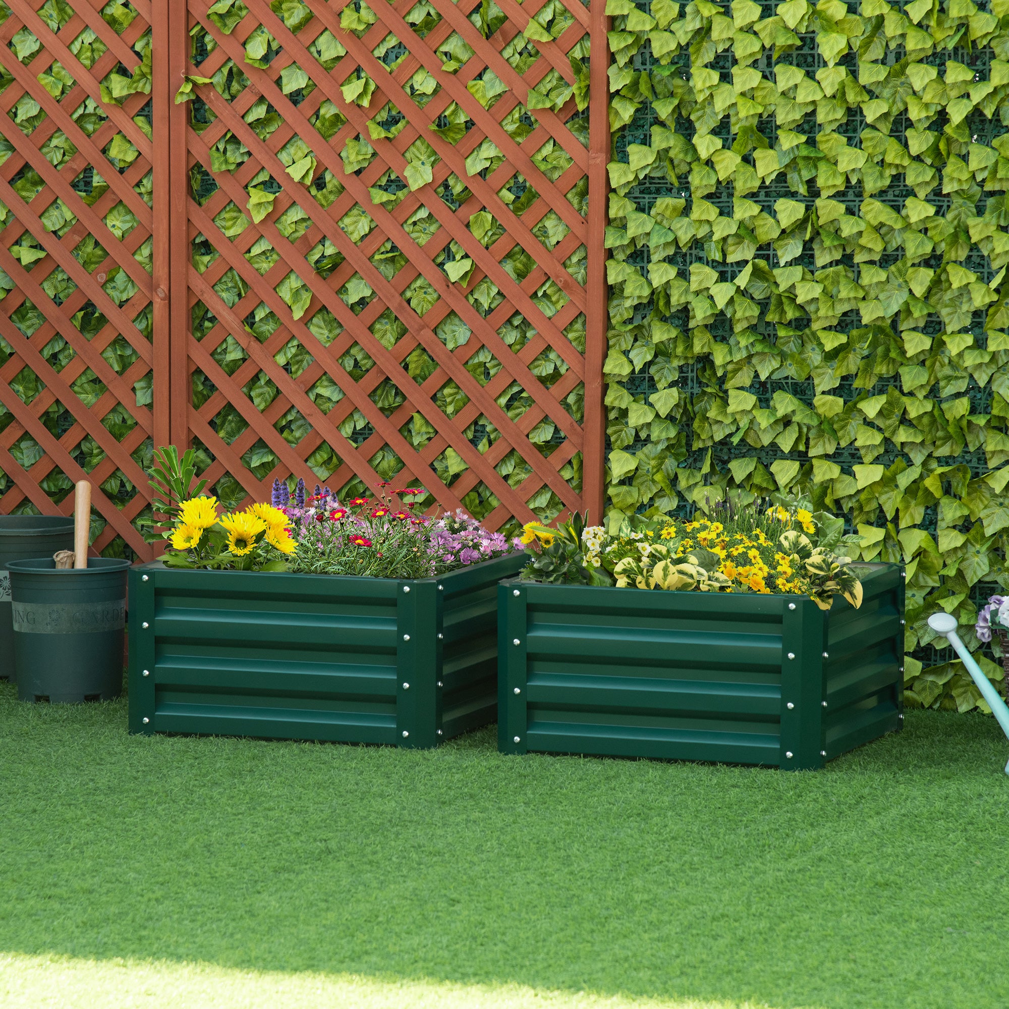 Outsunny Set of 2 Raised Garden Bed, Outdoor Elevated Galvanised Planter Box for Flowers, Herbs, 60x60x30.5cm, Green - North Peak Garden Furniture