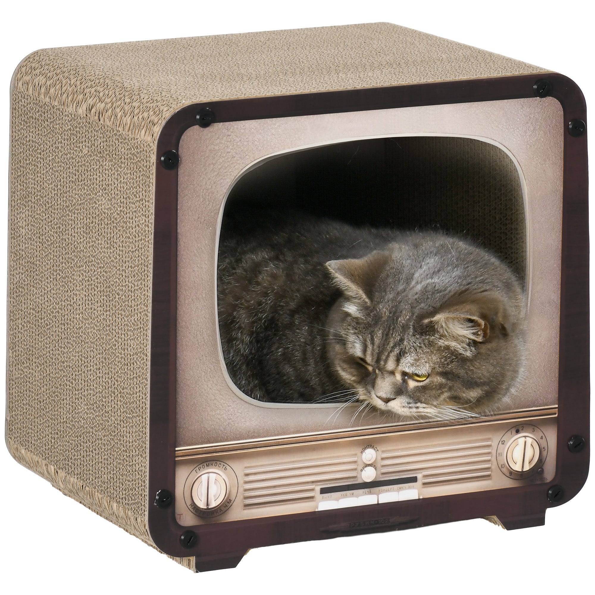 PawHut 2 in 1 TV Shape Cat Scratching Board House with Catnip, for Indoor Cats, Brown - North Peak Garden Furniture