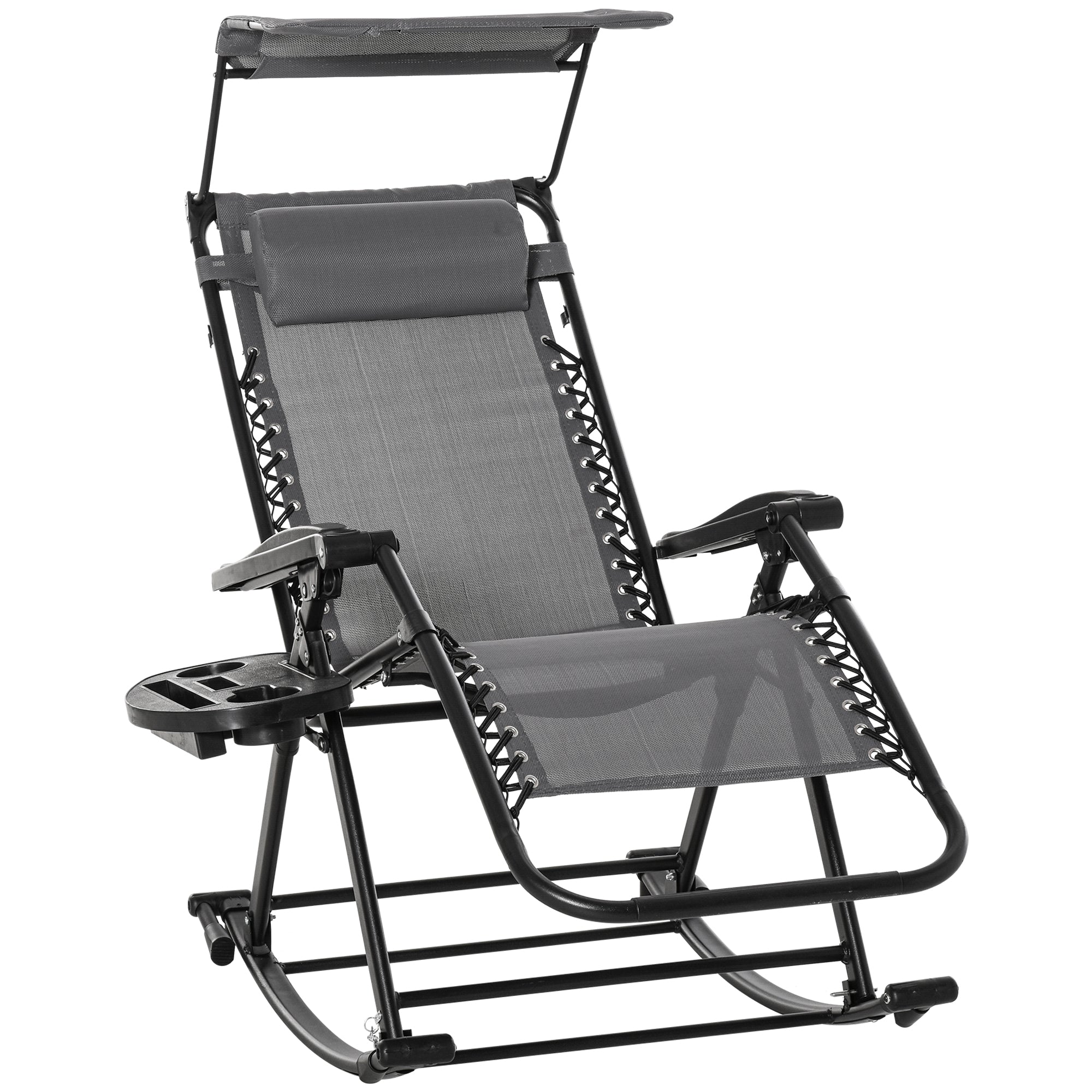 Outsunny Garden Rocking Chair Folding Recliner Outdoor Adjustable Sun Lounger Rocker Zero-Gravity Seat with Headrest Side Holder Patio Deck - Grey - North Peak Garden Furniture