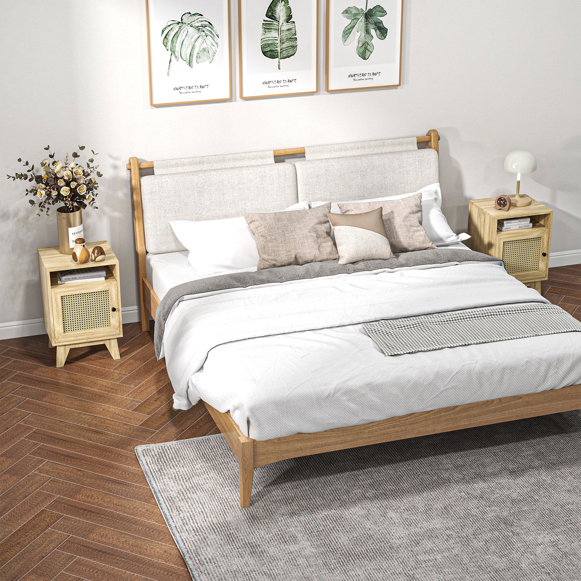 HOMCOM Bedside Table with Rattan Element, Side End Table with Shelf and Cupboard, 39cmx35cmx60cm, Natural - North Peak Garden Furniture