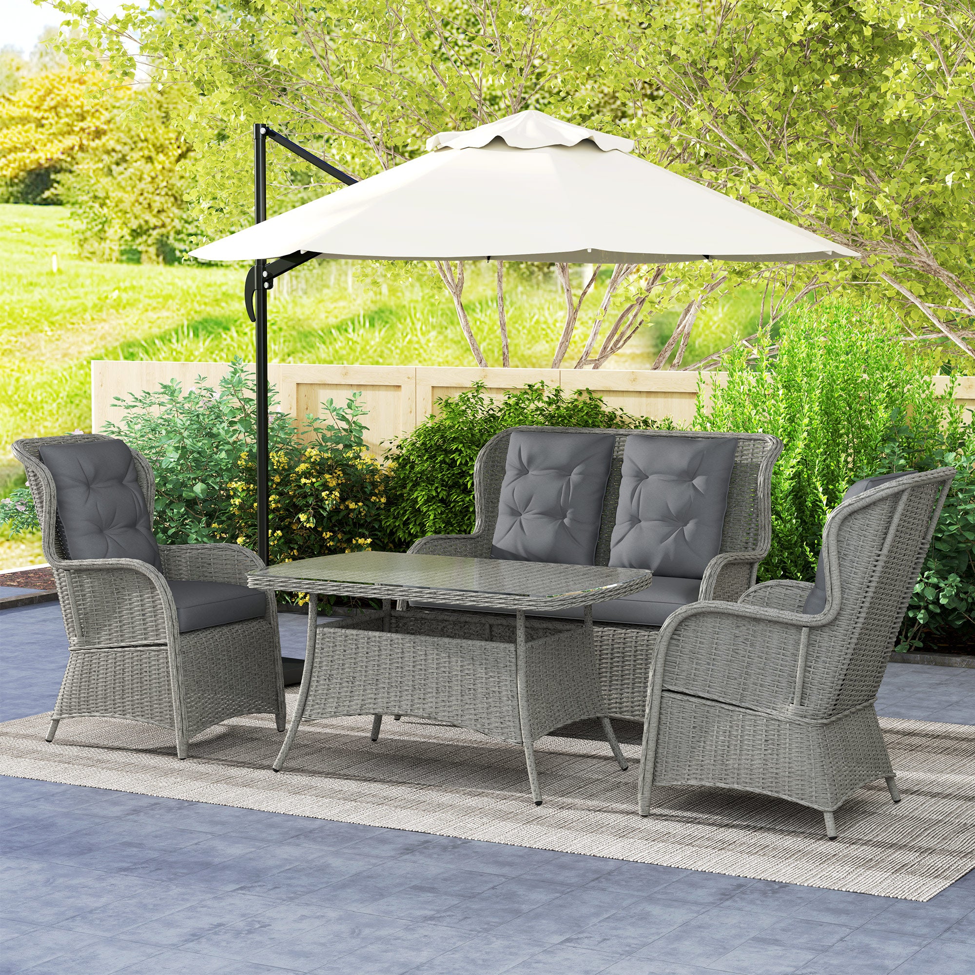 Outsunny Garden PE Rattan Dining Sofa Set, Outdoor 4 Seater Wicker Furniture, High Back Chairs with Cushions, Tempered Glass Coffee Table for Patio, Light Grey - North Peak Garden Furniture