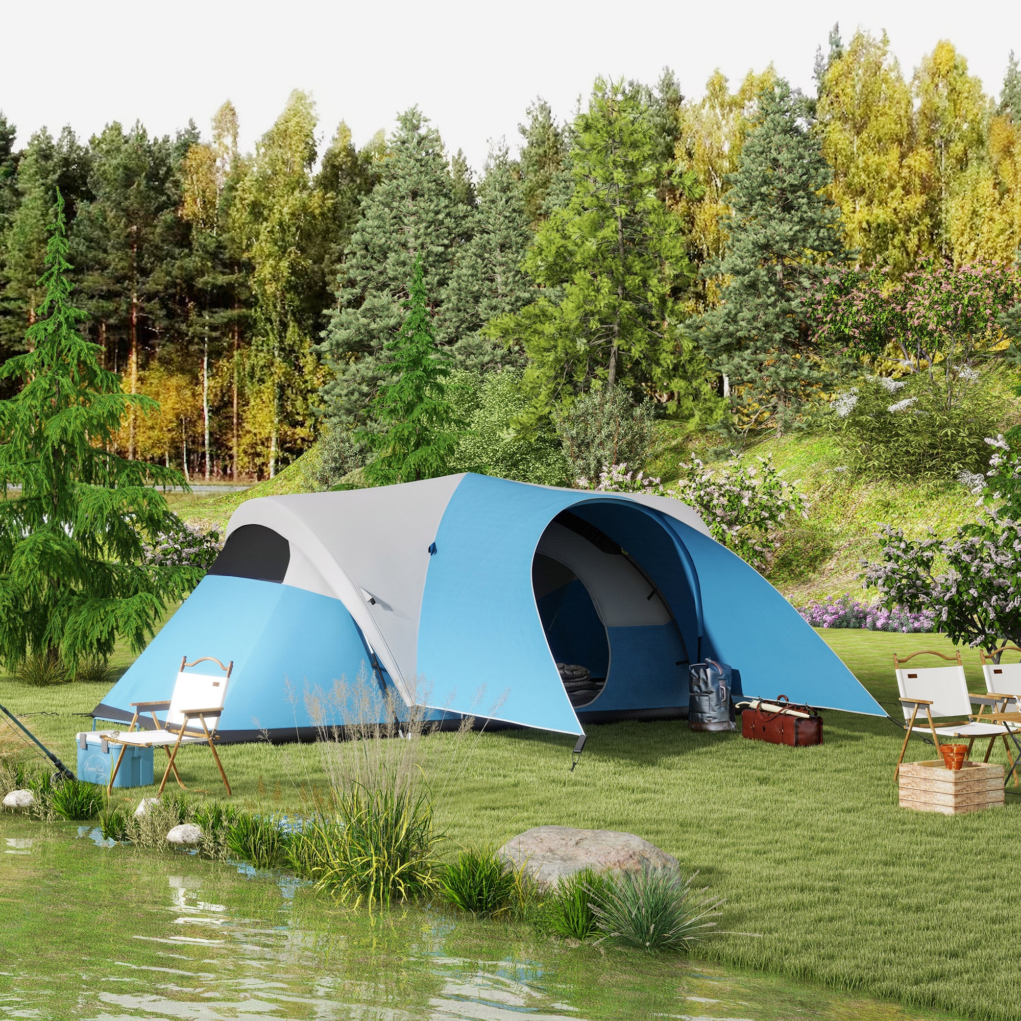 Outsunny 3000mm Waterproof Camping Tent for 5-6 Man, Family Tent with Porch and Sewn in Groundsheet, Portable with Bag, Blue - North Peak Garden Furniture