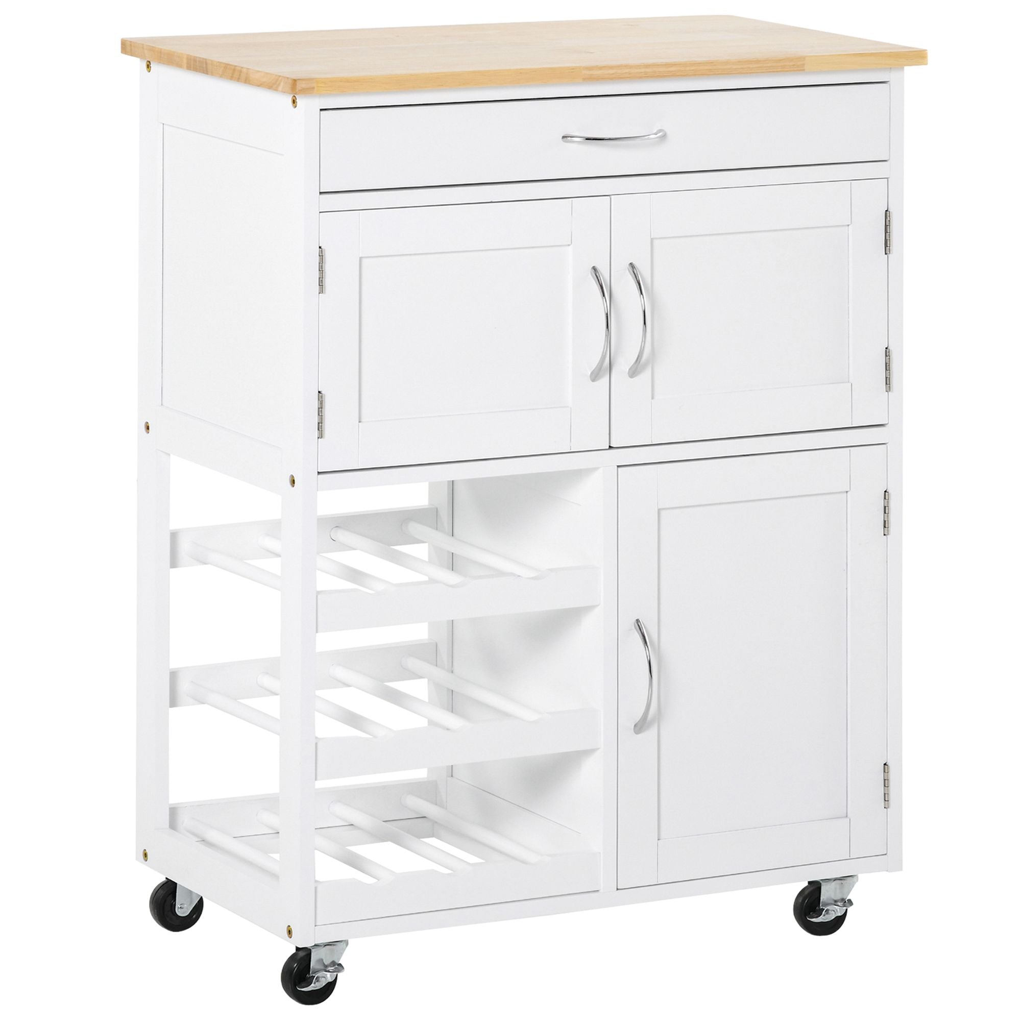 HOMCOM Modern Kitchen Trolley, Rolling Island Storage Cart with Drawer, 9-bottle Wine Rack, Door Cabinets, Wooden Countertop, White - North Peak Garden Furniture