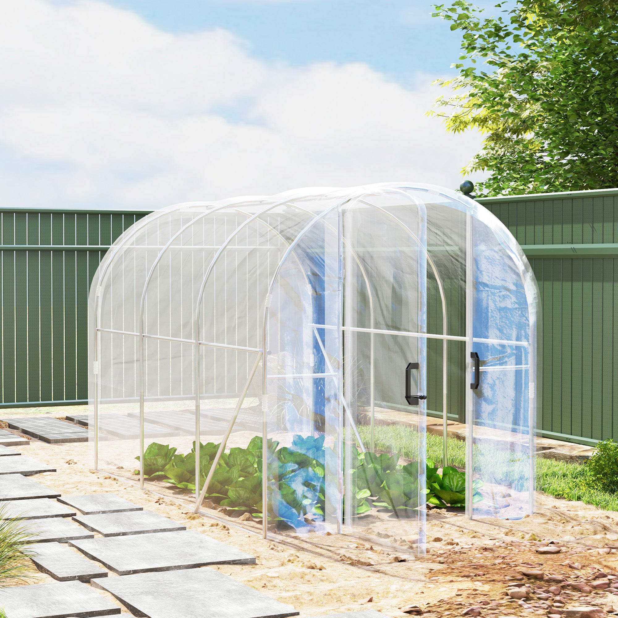 Outsunny Polytunnel Greenhouse Walk-in Grow House with PE Cover, Door and Galvanised Steel Frame, 3 x 2 x 2m, Clear - North Peak Garden Furniture
