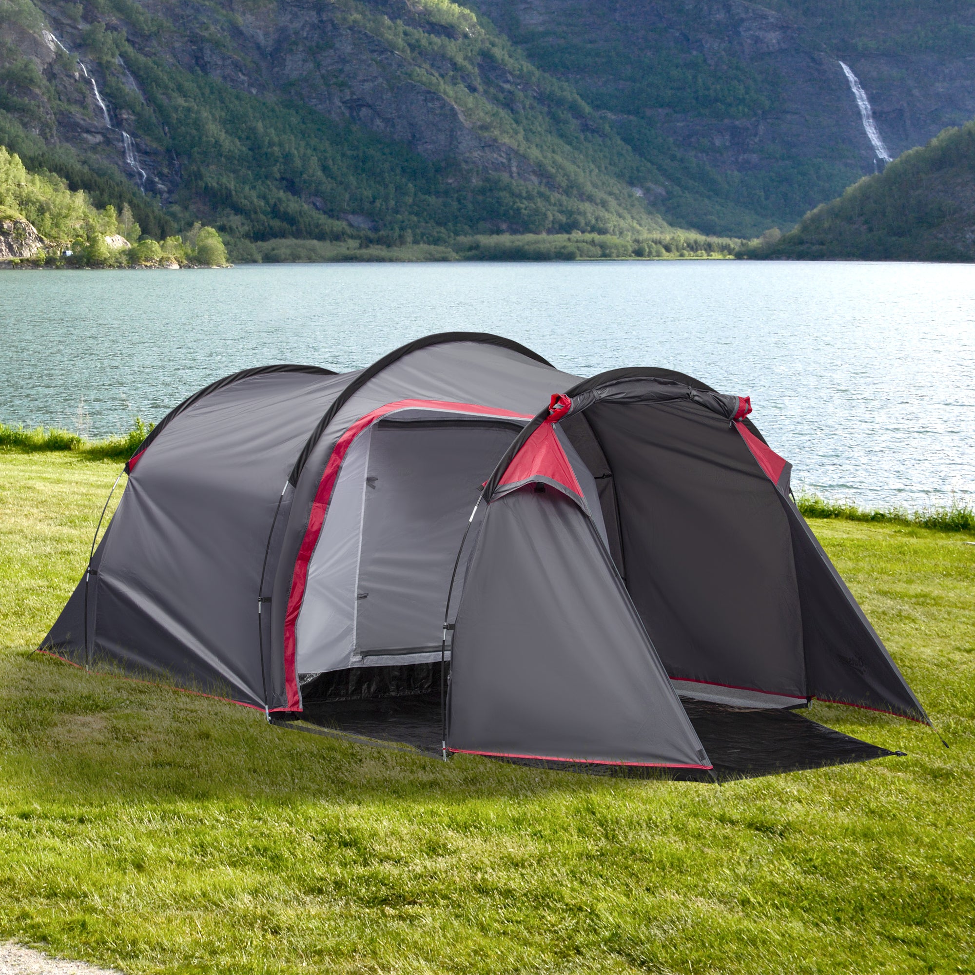 Outsunny 2-3 Person Tunnel Tent with Sewn-in Groundsheet, Air Vents, Rainfly, 2000mm Water Column, Camping Tent with 1 Bedroom, Inbuilt Porch, Living Area for Camping, Hiking, Grey - North Peak Garden Furniture