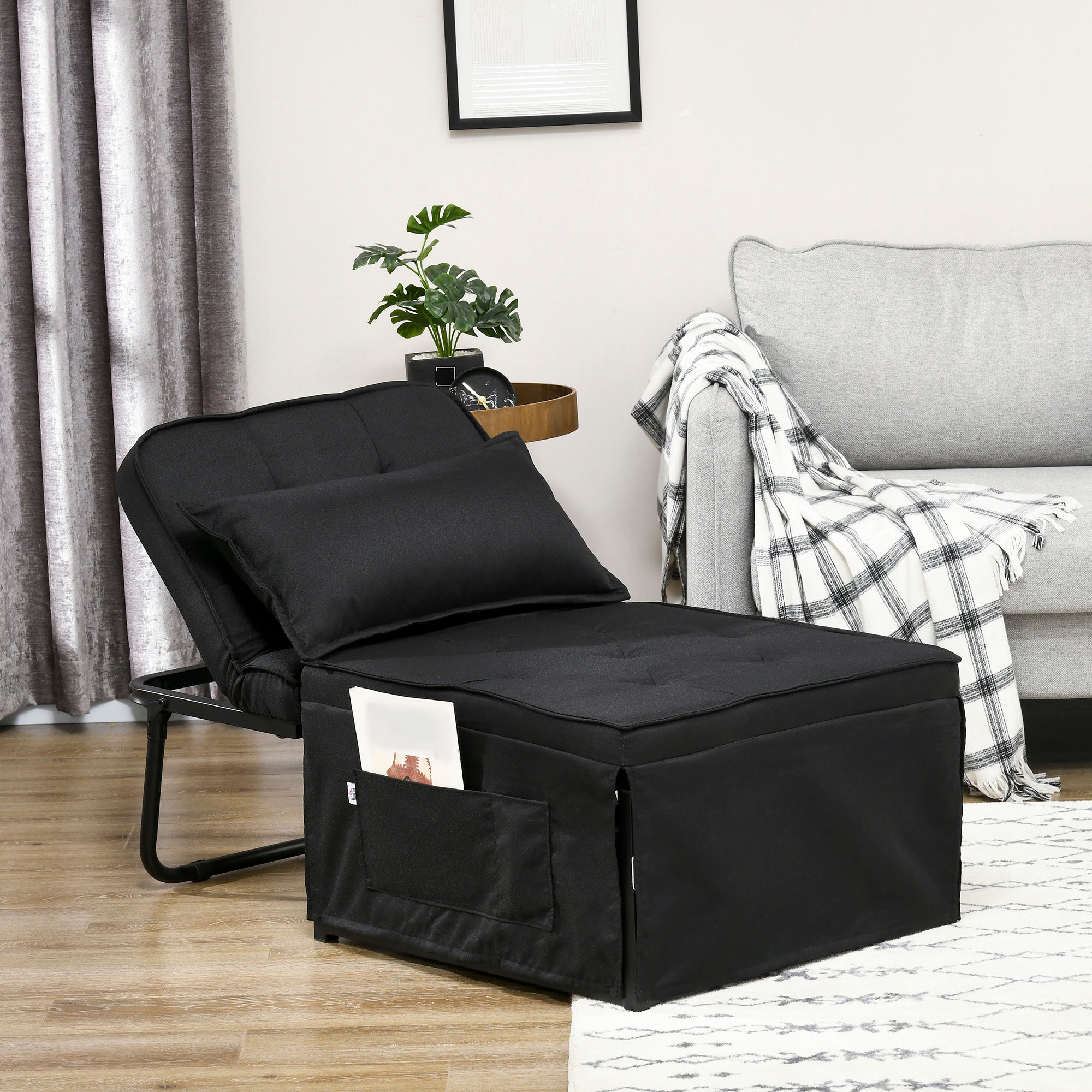 HOMCOM Fabric Sleeper Chair, Folding Chair Bed with Adjustable Backrest, Pillow, Side Pockets for Living Room, Black - North Peak Garden Furniture