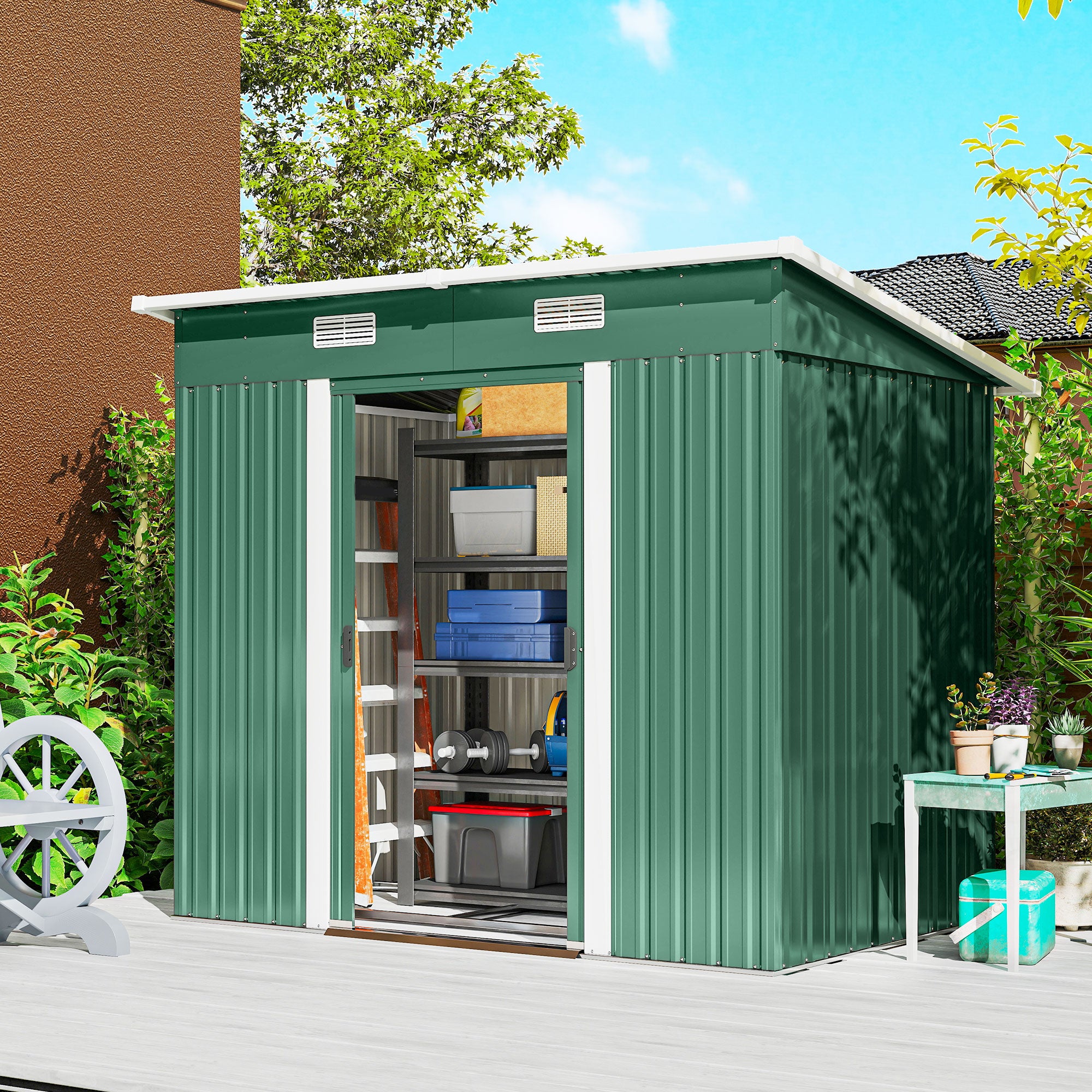 Outsunny 7 x 4ft Outdoor Storage Shed with Foundation Kit, Lean to Metal Garden Shed for Log, Rubbish Bin, Tool, Bike, Green