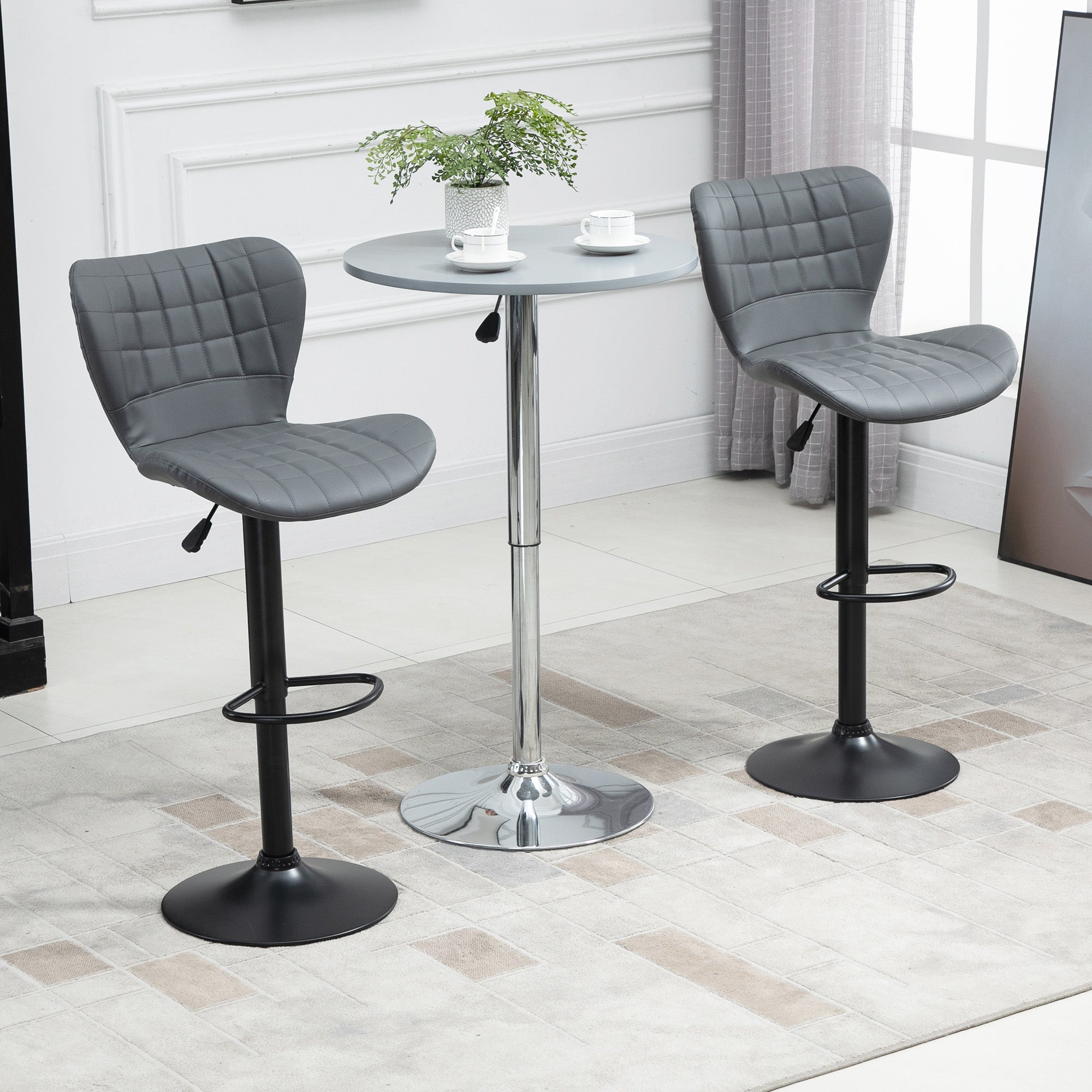 HOMCOM Bar Stools Set of 2 Adjustable Height Swivel Bar Chairs in PU Leather with Backrest & Footrest, Grey - North Peak Garden Furniture