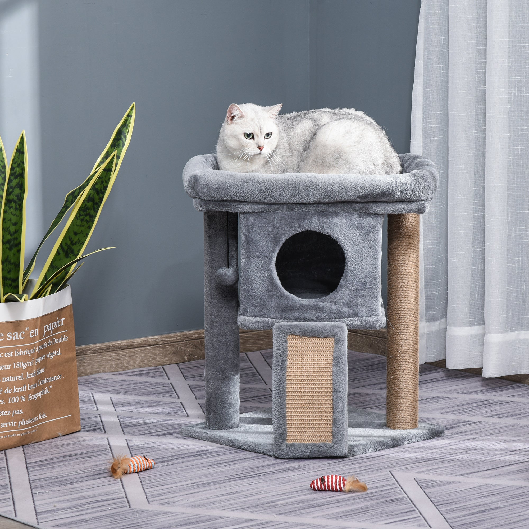 PawHut Cat Tree Tower for Indoor Cats Cat Scratching Post Climbing Activity Centre w/Jute Scratching Pad, Toy Ball, Cat House - Grey - North Peak Garden Furniture