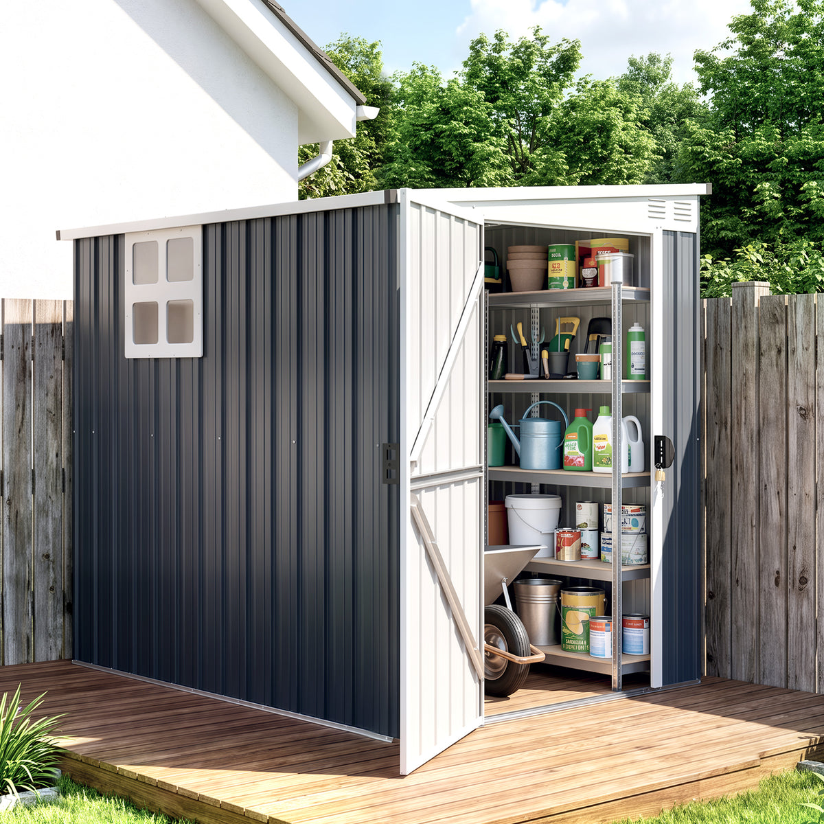 Outsunny 4 x 6ft Lean to Garden Metal Shed, Outdoor Storage Shed with Window, 2 Vents and Lockable Door for Patio, Dark Grey