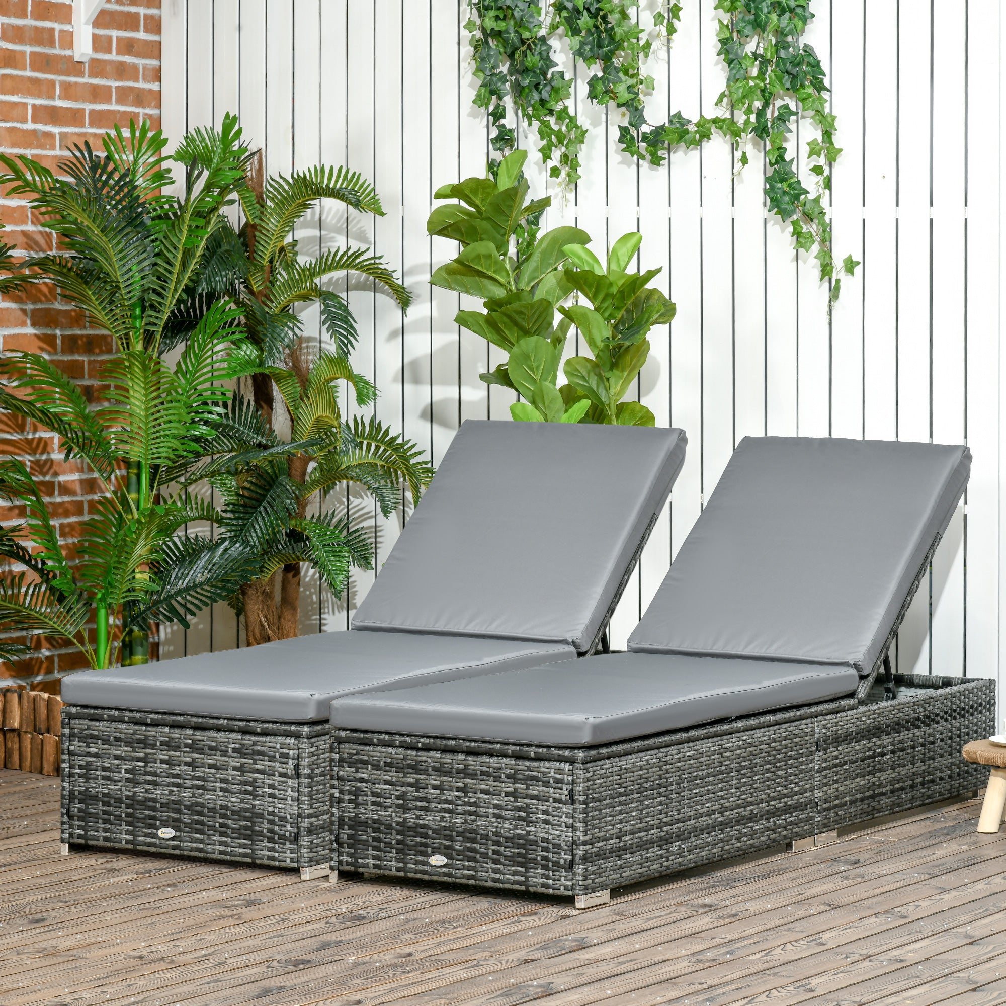 Outsunny PE Rattan Sun Loungers set of 2 with Cushion, Outdoor 2 Pieces Garden Sunbed Furniture with 5-Level Recliner Backrest, Reclining Patio Wicker Bed Chair, Grey - North Peak Garden Furniture