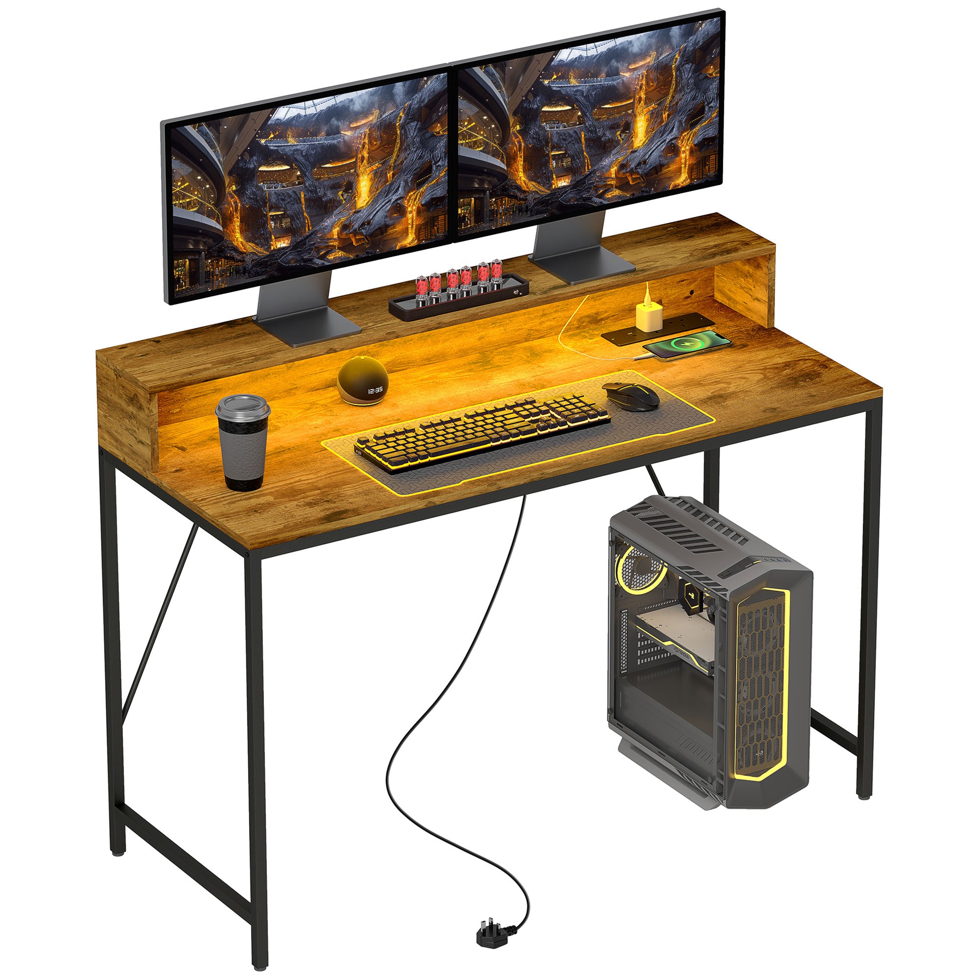 HOMCOM 120cm Computer Desk with LED Lights and Power Outlets, Gaming Desk with Monitor Stand, Computer Table with Remote for Home Office Study, Rustic Brown - North Peak Garden Furniture