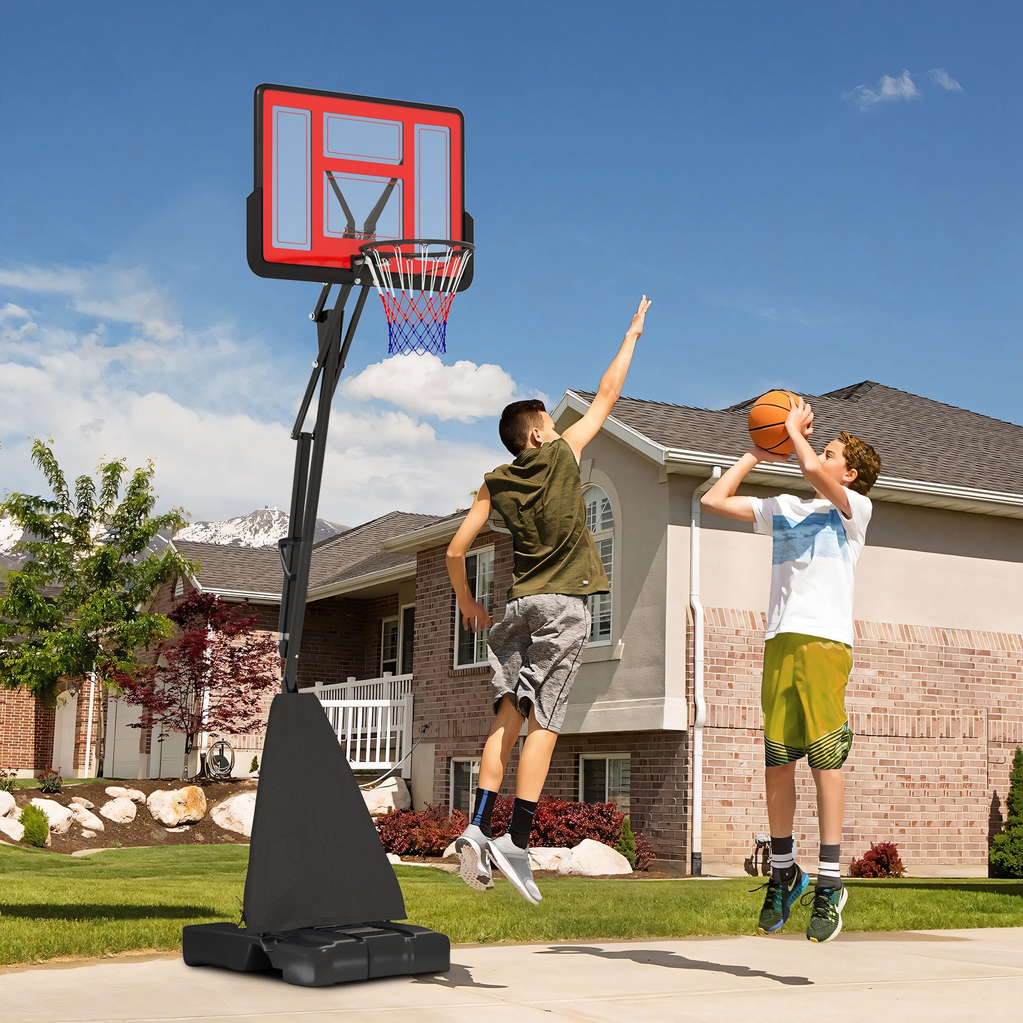 SPORTNOW Basketball Hoop Outdoor, Height Adjustable Basketball Hoop and Stand with Rebound System, Weighted Base, Portable on Wheels, 2.45-3.05m, for Teens, Juniors, Adults, Red - North Peak Garden Furniture